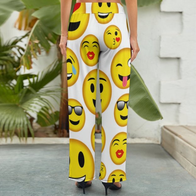 Funny Vintage Mixed Emoji Printed Women Casual Elastic Waist Wide Leg Pants Trousers-Charlylifestyle