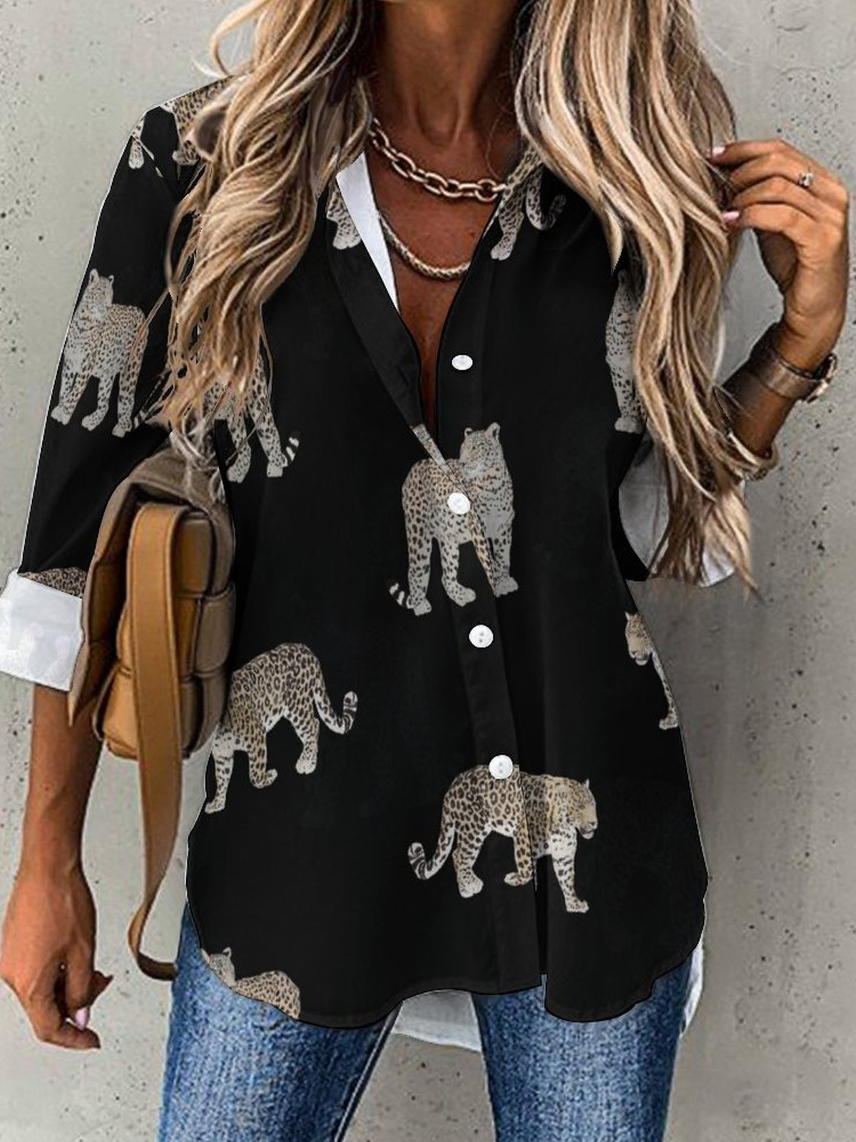 Jungle Leopard Animals Black Button Down V Neck Shirts Long Sleeve Blouse Roll Up Cuffed Sleeve Casual Shirt Tops