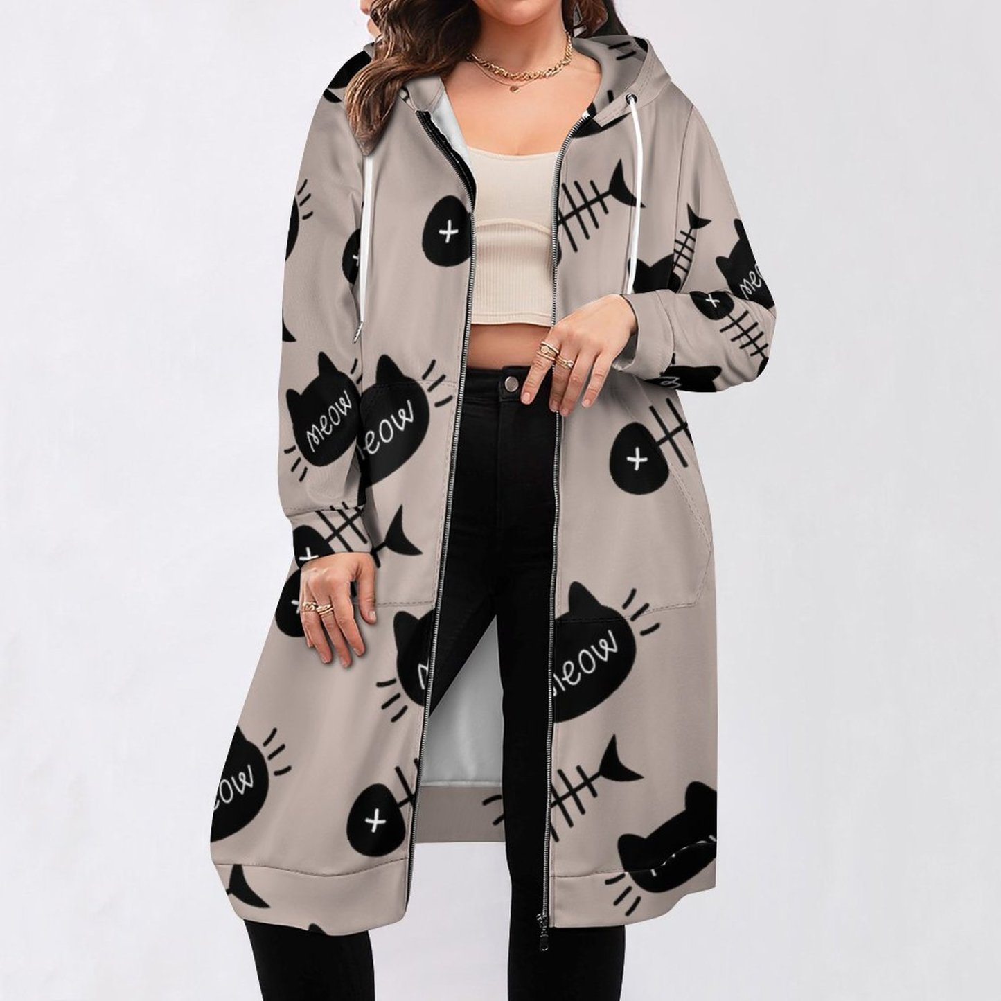 Meow Black Cat Face Fishbone Zip Up Long Hoodie Jacket Coat Women Tunic Sweatshirt Plus Size Open Front Cardigan Outfits