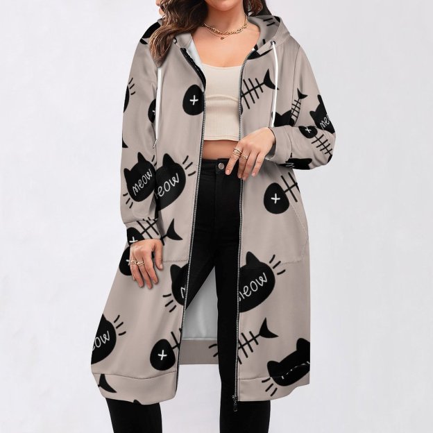 Meow Black Cat Face Fishbone Zip Up Long Hoodie Jacket Coat Women Tunic Sweatshirt Plus Size Open Front Cardigan Outfits
