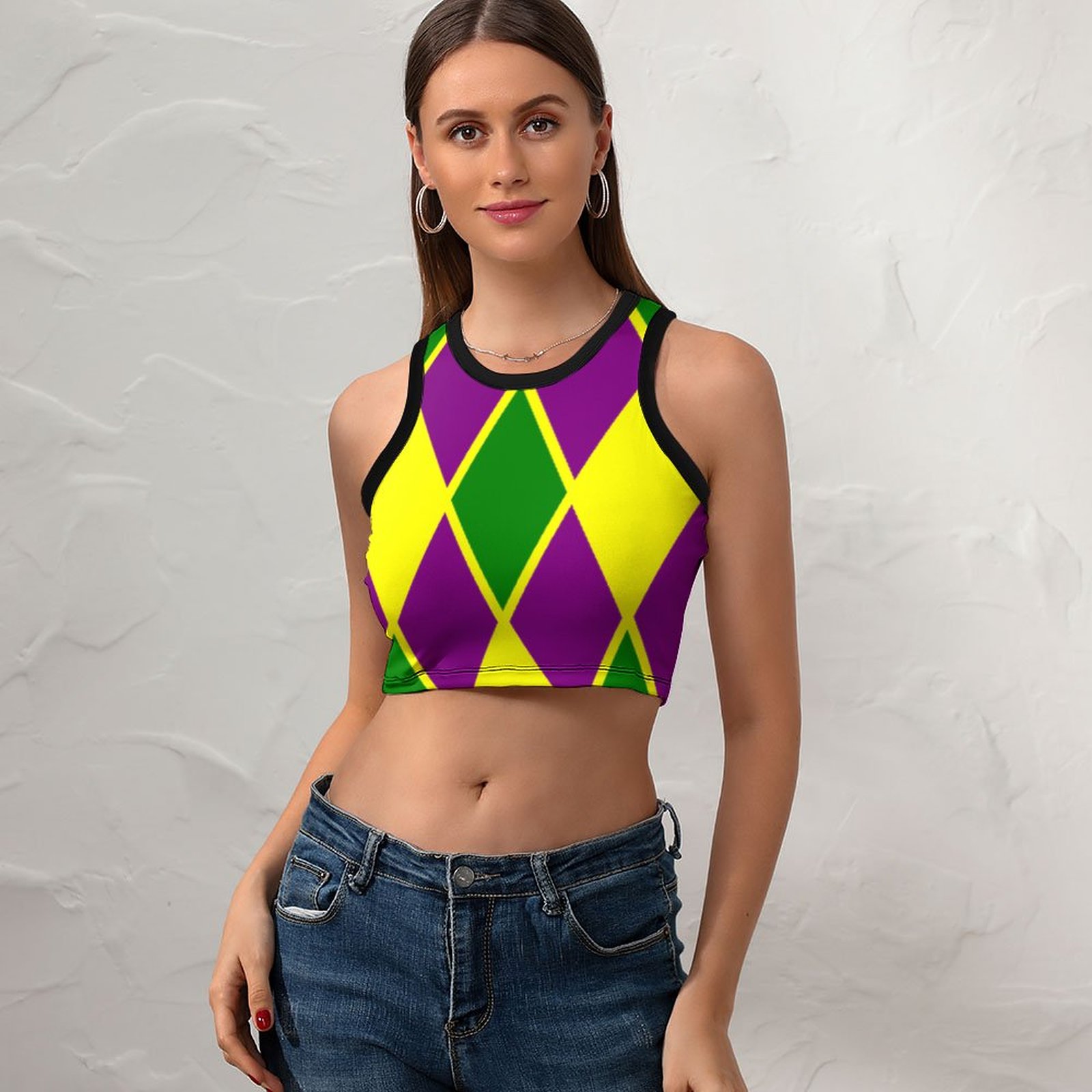 Women Mardi Gras Fat Tuesday Harlequin Crew Neck Crop Tank Basic Sleeveless Graphic Hippie Boyfriend Style Tee Tops-Charlylifestyle