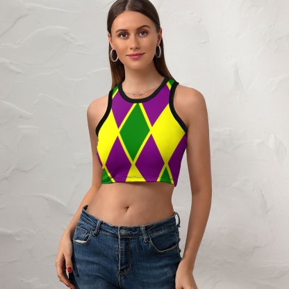 Women Mardi Gras Fat Tuesday Harlequin Crew Neck Crop Tank Basic Sleeveless Graphic Hippie Boyfriend Style Tee Tops-Charlylifestyle