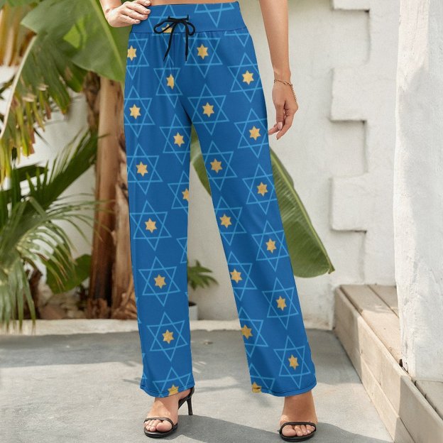 Jewish Blue And Gold Star Of David Printed Women's High Waist Wide Leg Long Palazzo Lounge Pants-Charlylifestyle