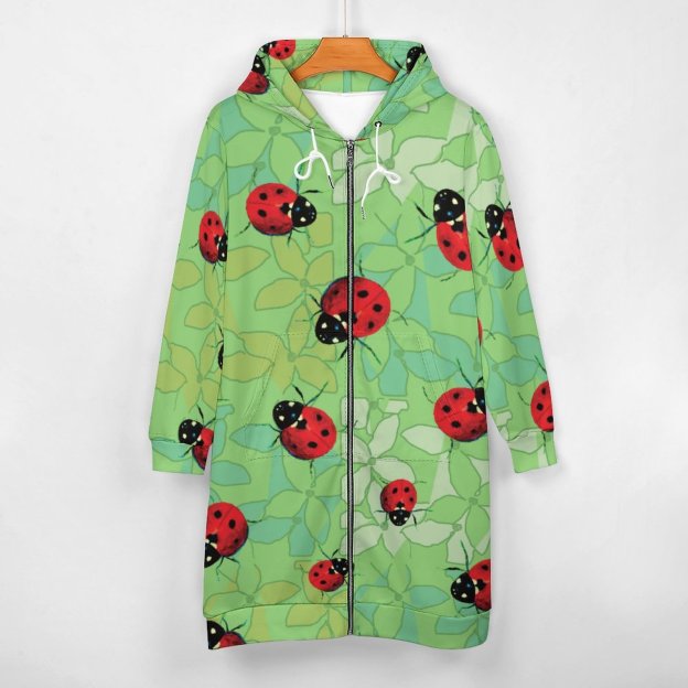 Ladybug Petals Green Zip Up Long Hoodie Jacket Coat Women Tunic Sweatshirt Loose Plus Size Open Front Cardigan Outfits