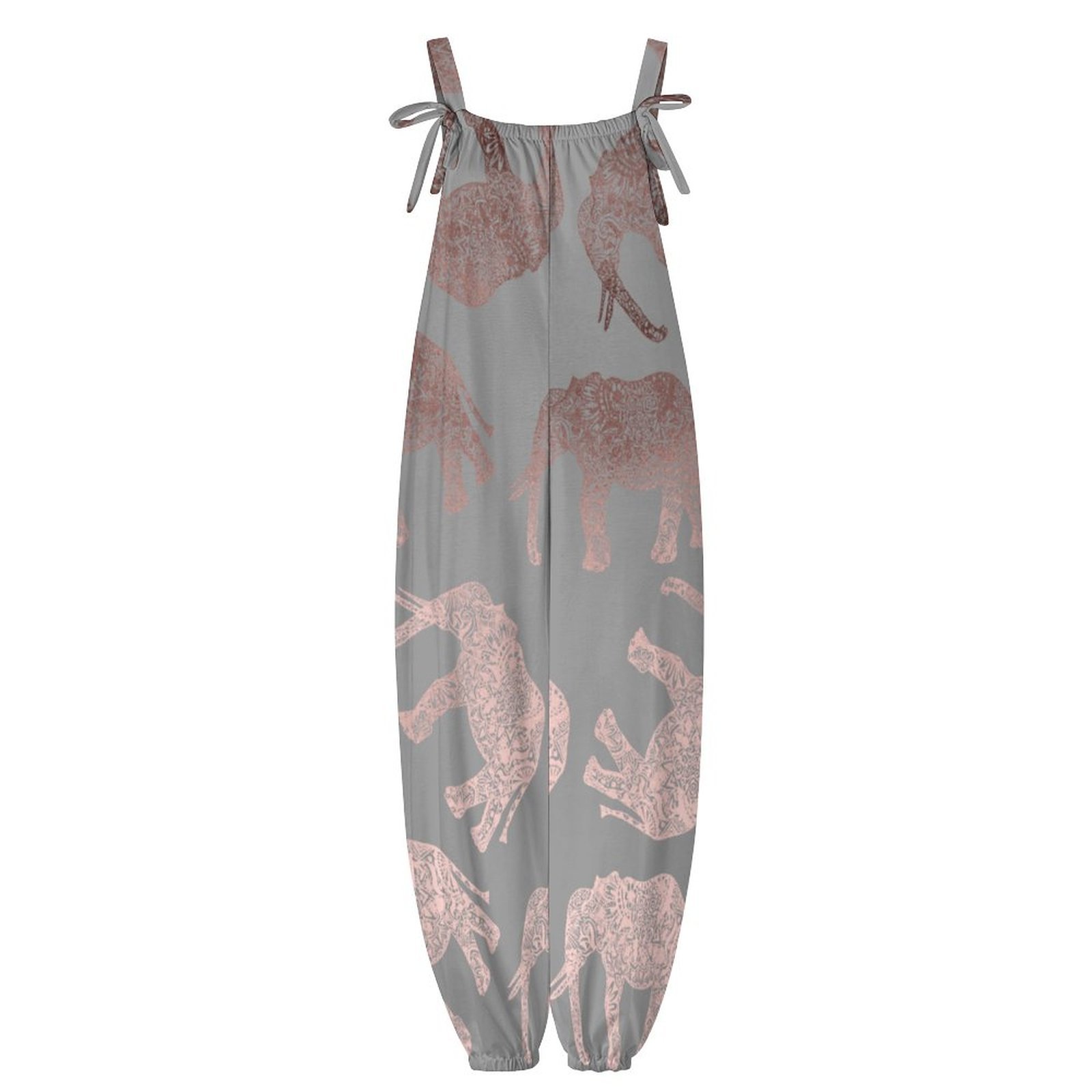 Women Modern Rose Gold Grey Elephant Print Loose Fit Baggy Harem Overall Jumpsuit Tie Spaghetti Strap Long Pants Rompers
