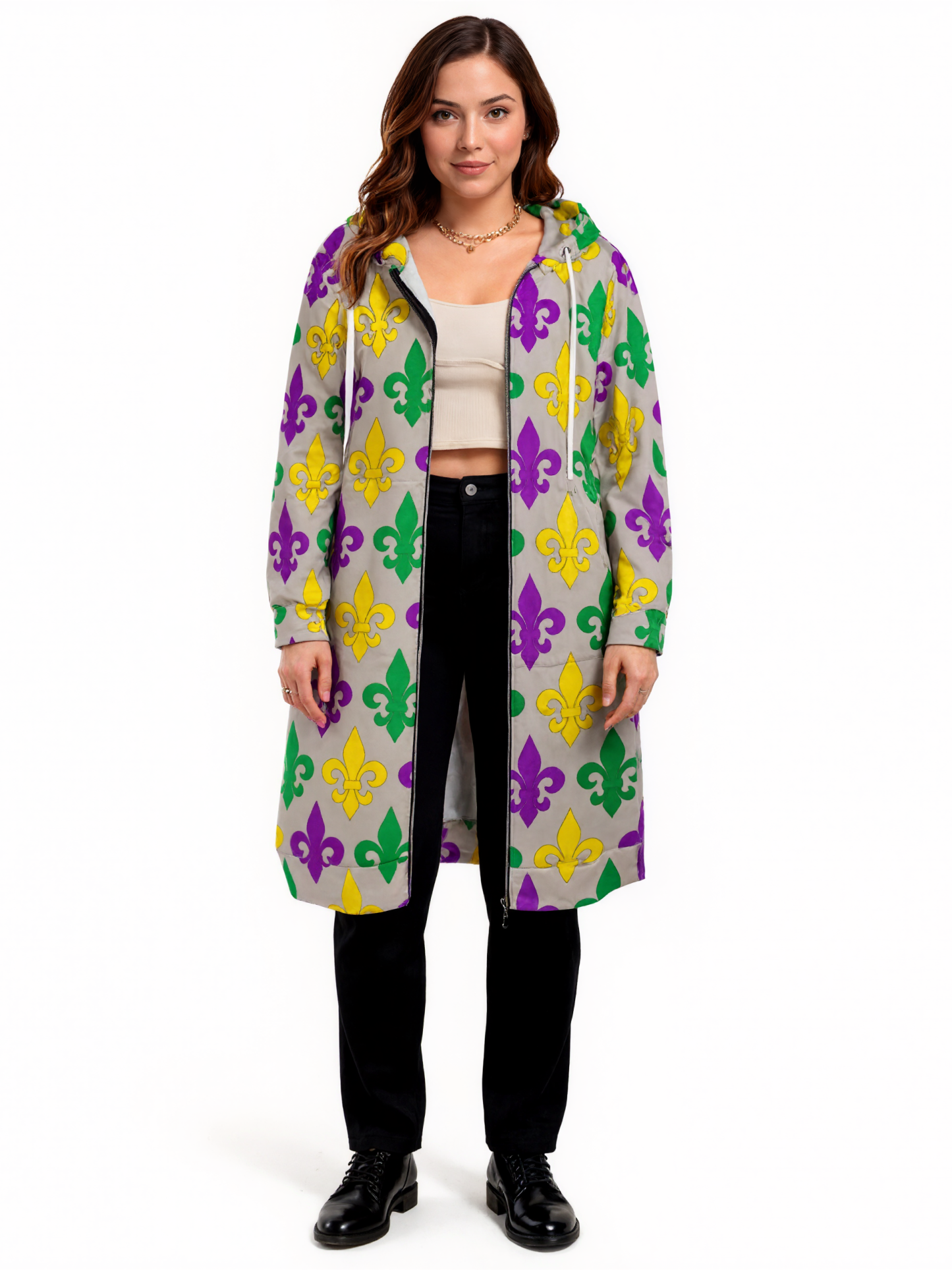 Mardi Gras Green Gold Purple Fleur De Lis Zip Up Long Hoodie Jacket Women Tunic Sweatshirt Plus Size Open Front Cardigan Outfits