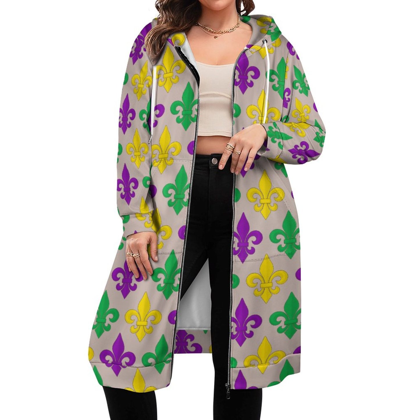 Mardi Gras Green Gold Purple Fleur De Lis Zip Up Long Hoodie Jacket Women Tunic Sweatshirt Plus Size Open Front Cardigan Outfits