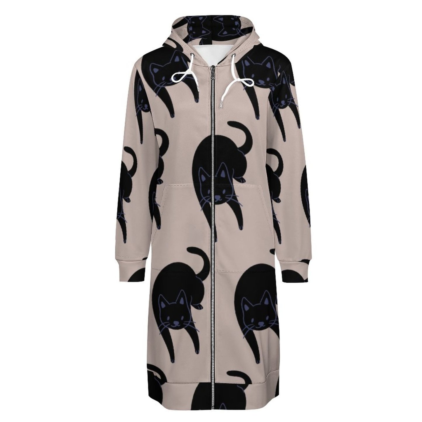 Kitty Voices Black Cat Zip Up Long Hoodie Jacket Coat Women Tunic Sweatshirt Loose Plus Size Open Front Cardigan Outfits