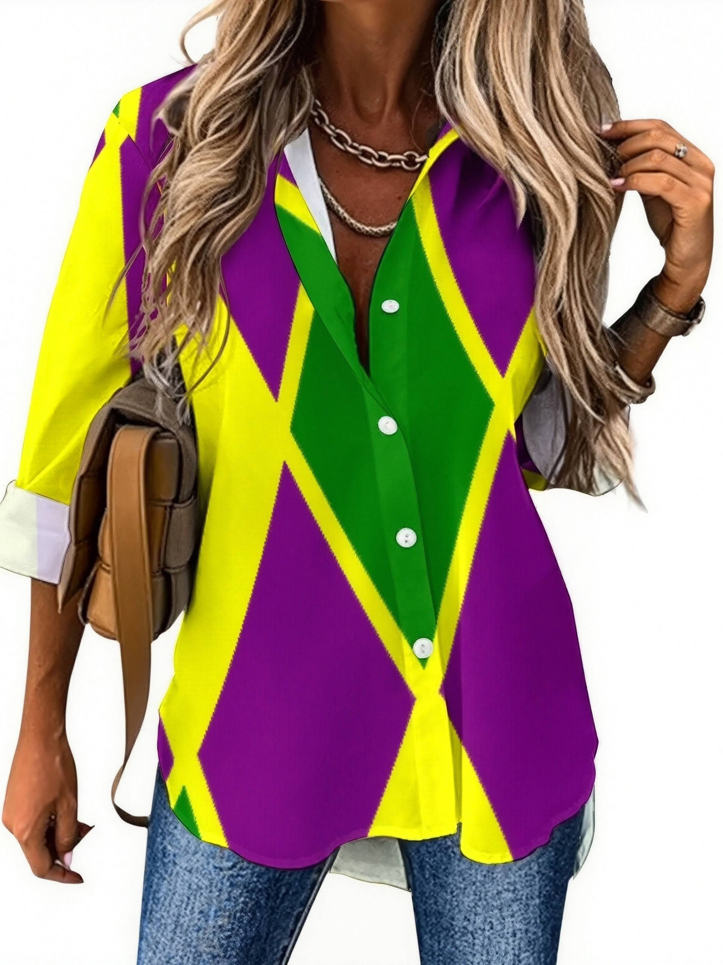 Mardi Gras Fat Tuesday Harlequin Button Down V Neck Shirts Long Sleeve Blouse Roll Up Cuffed Sleeve Casual Shirt Tops