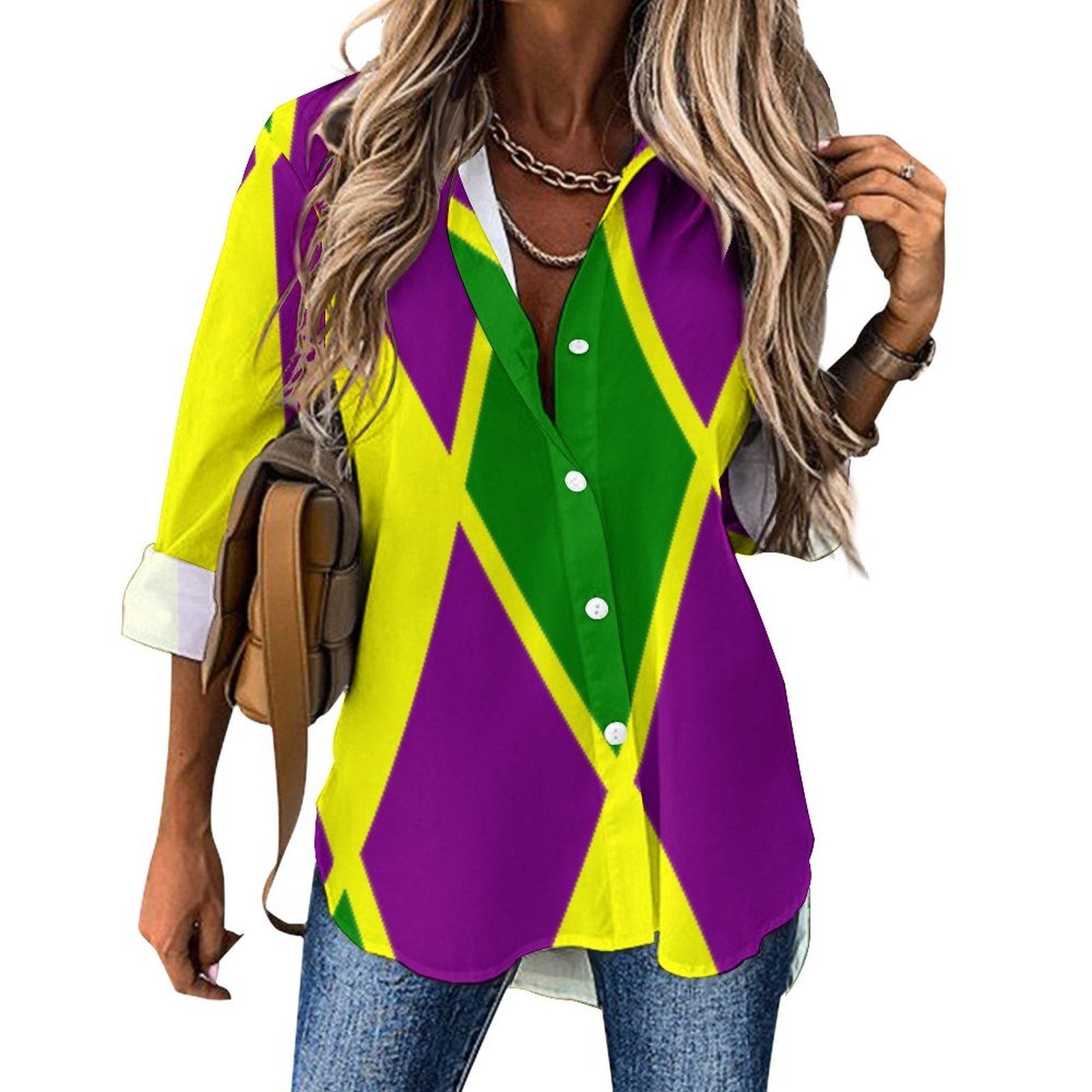 Mardi Gras Fat Tuesday Harlequin Button Down V Neck Shirts Long Sleeve Blouse Roll Up Cuffed Sleeve Casual Shirt Tops