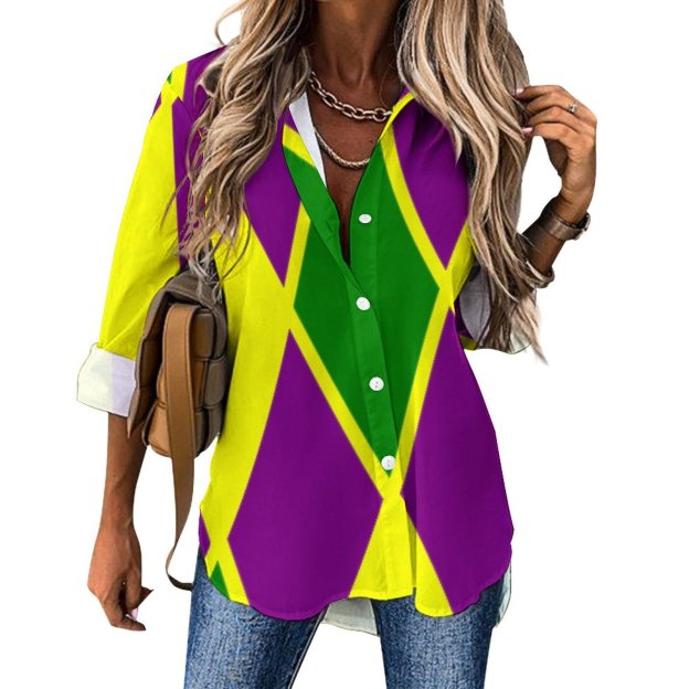 Mardi Gras Fat Tuesday Harlequin Button Down V Neck Shirts Long Sleeve Blouse Roll Up Cuffed Sleeve Casual Shirt Tops