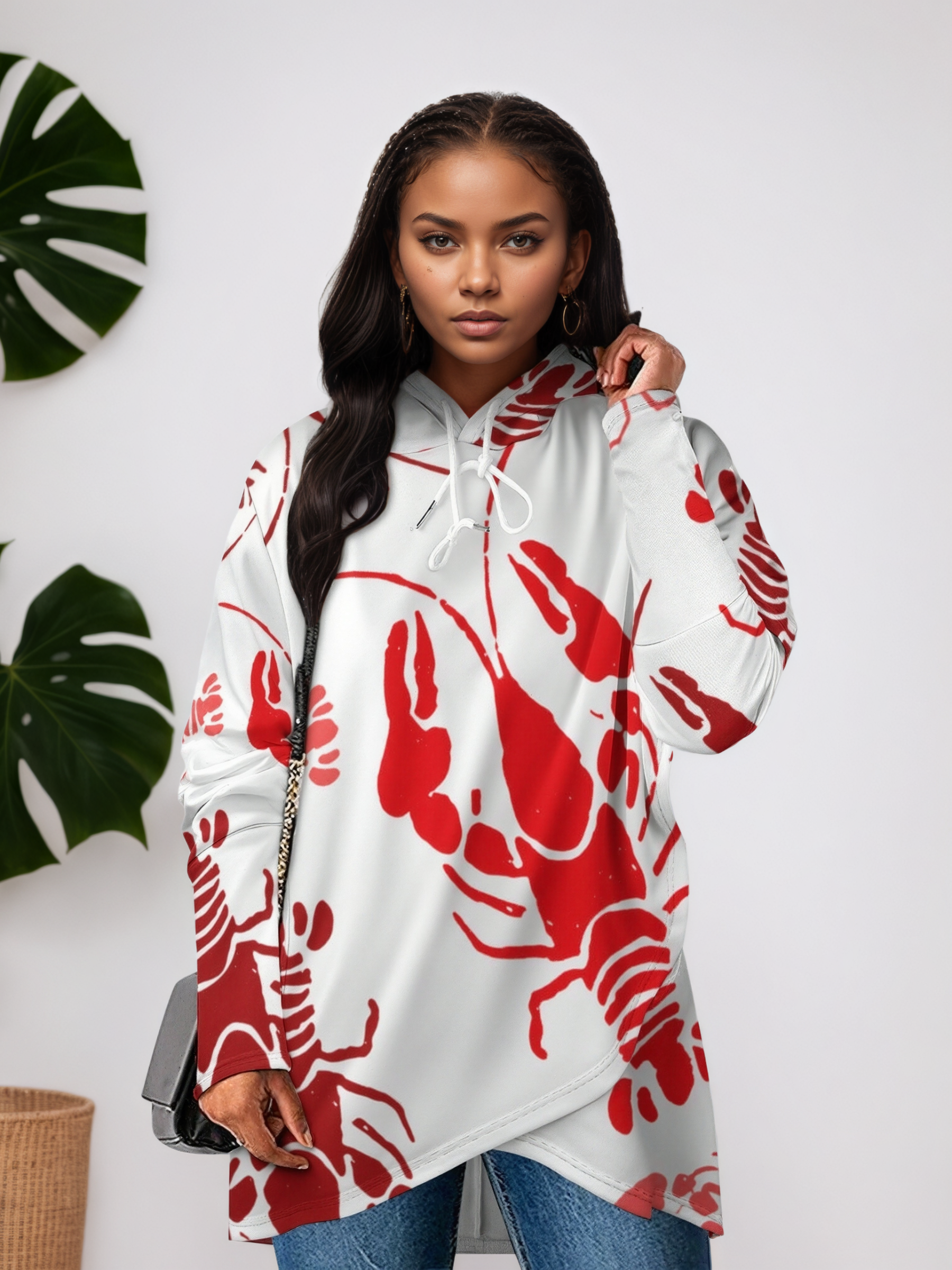 Lobster Bake Or Crawfish Boil Retro Women Long Sleeve Pullover Irregular Hem Hoodies Casual Tunic Asymmetric Hooded Sweatshirt