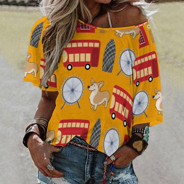 S-5XL London Icon And Corgi Collage O Neck Batwing Half Sleeve Shirts Women Loose Blouse Print Tops-Charlylifestyle