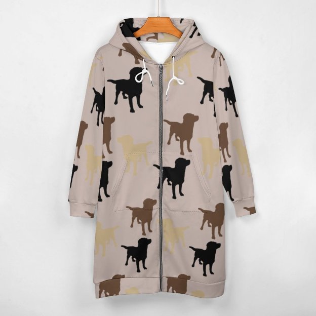 Labrador Retriever Dog Silhouette Zip Up Long Hoodie Jacket Women Tunic Sweatshirt Plus Size Open Front Cardigan Outfits