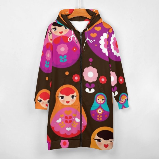 Matryoshka Russian Doll Zip Up Long Hoodie Jacket Coat Women Tunic Sweatshirt Loose Plus Size Open Front Cardigan Outfits
