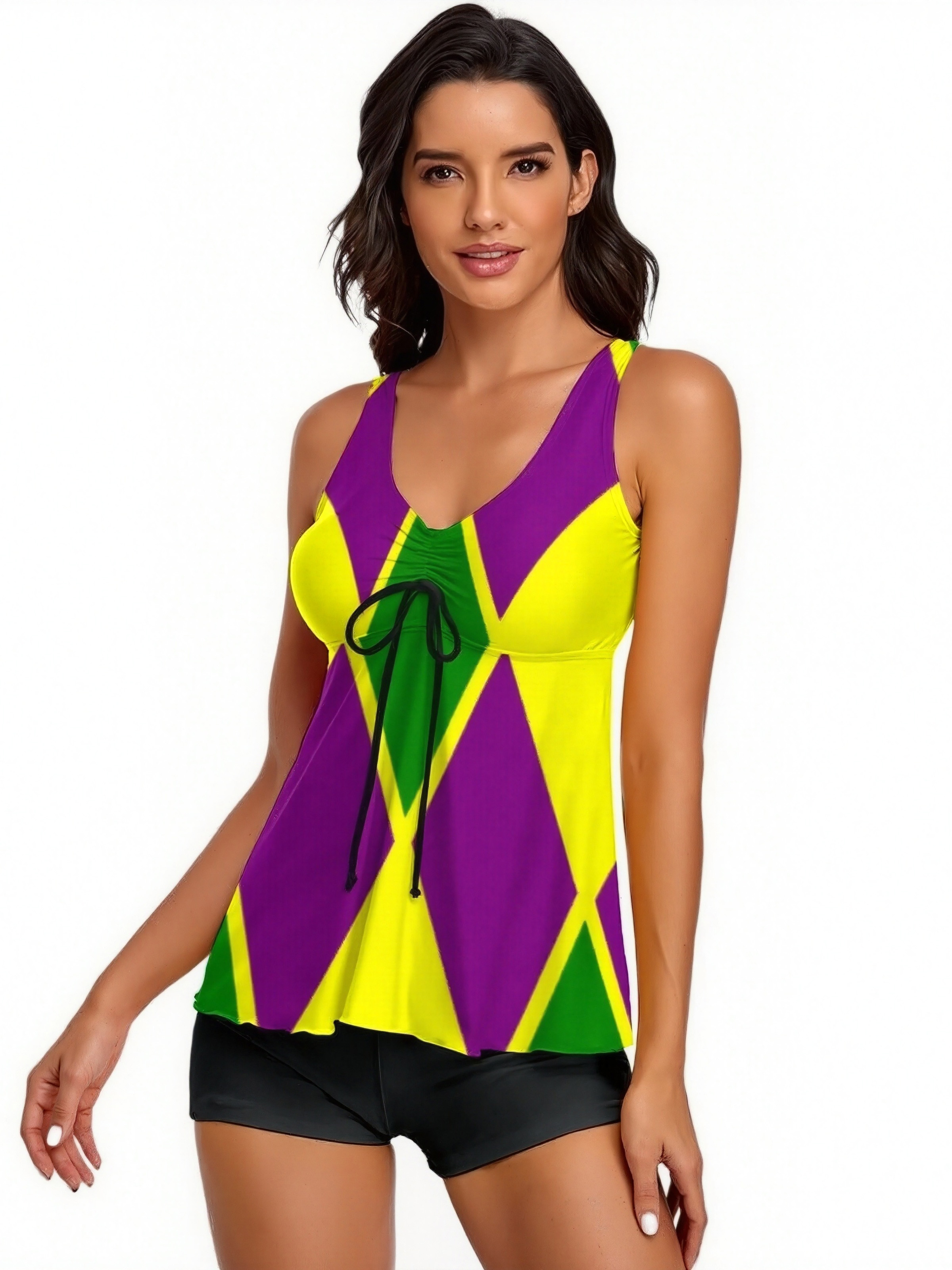Mardi Gras Fat Tuesday Harlequin 2 Pieces Blouson Tankini Swimsuit Women Tummy Control Bathing Suit with Shorts Athletic Swimwear