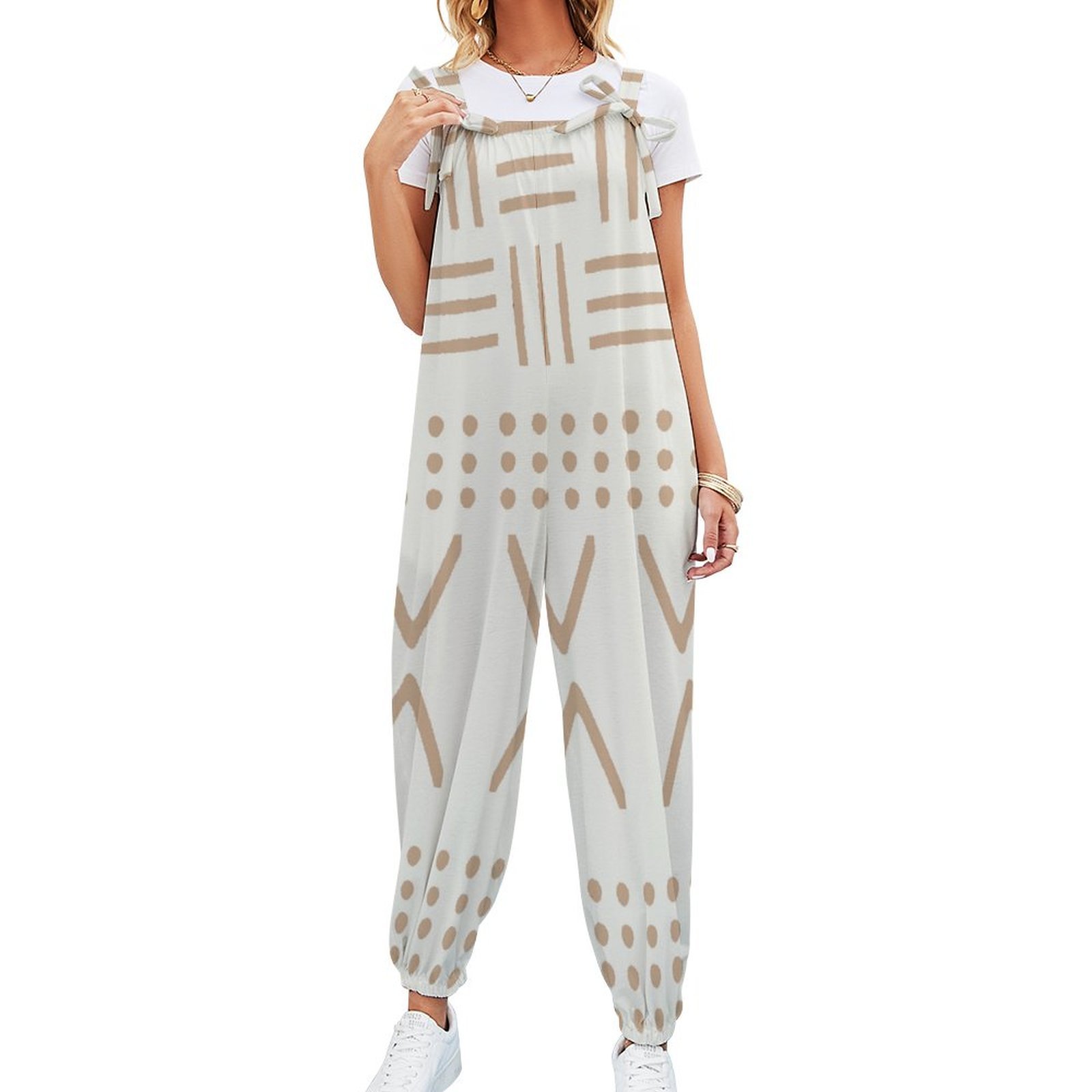 Women Mudcloth Print Loose Fit Baggy Harem Overall Jumpsuit Tie Spaghetti Strap Casual Long Pants Rompers
