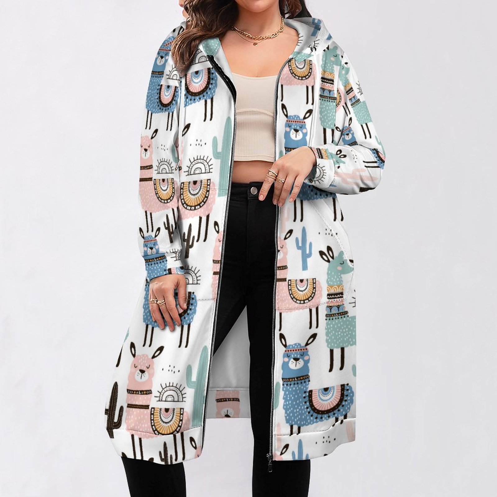 Funny Llama And Cactus Pattern Zip Up Long Hoodie Jacket Coat Women Tunic Sweatshirt Plus Size Open Front Cardigan Outfits