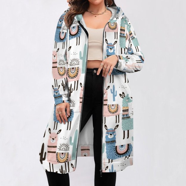 Funny Llama And Cactus Pattern Zip Up Long Hoodie Jacket Coat Women Tunic Sweatshirt Plus Size Open Front Cardigan Outfits