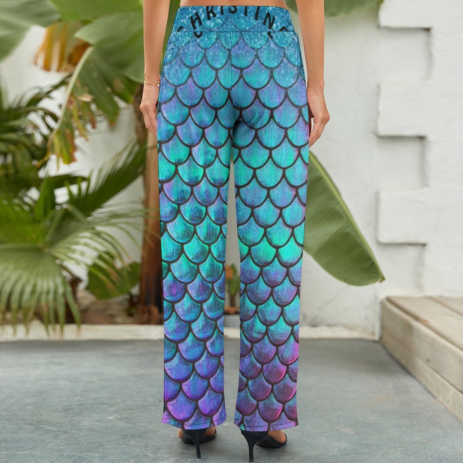 S-2XL Mermaid Fish Scale Women's High Waist Wide Leg Long Palazzo Lounge Pants-Charlylifestyle