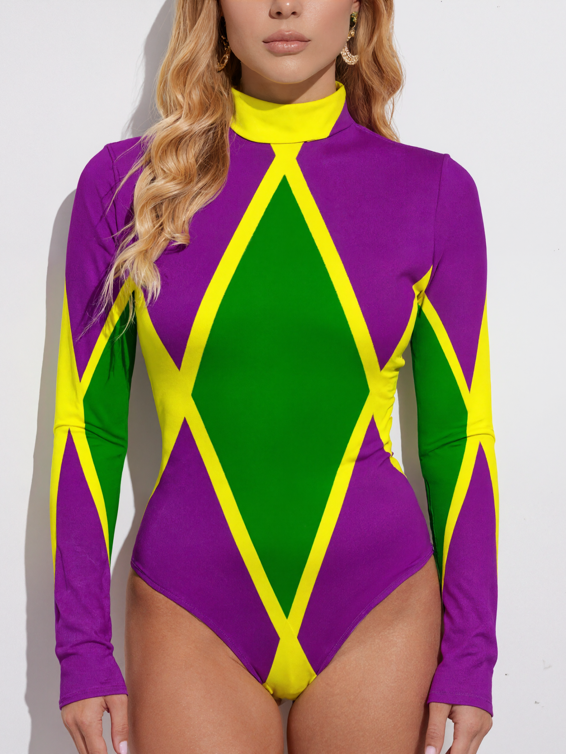 Mardi Gras Fat Tuesday Harlequin Women Mock Turtle Neck Long Sleeve Tops Bodysuit Slim Fit Body Suit Basic T Shirts Jumpsuit