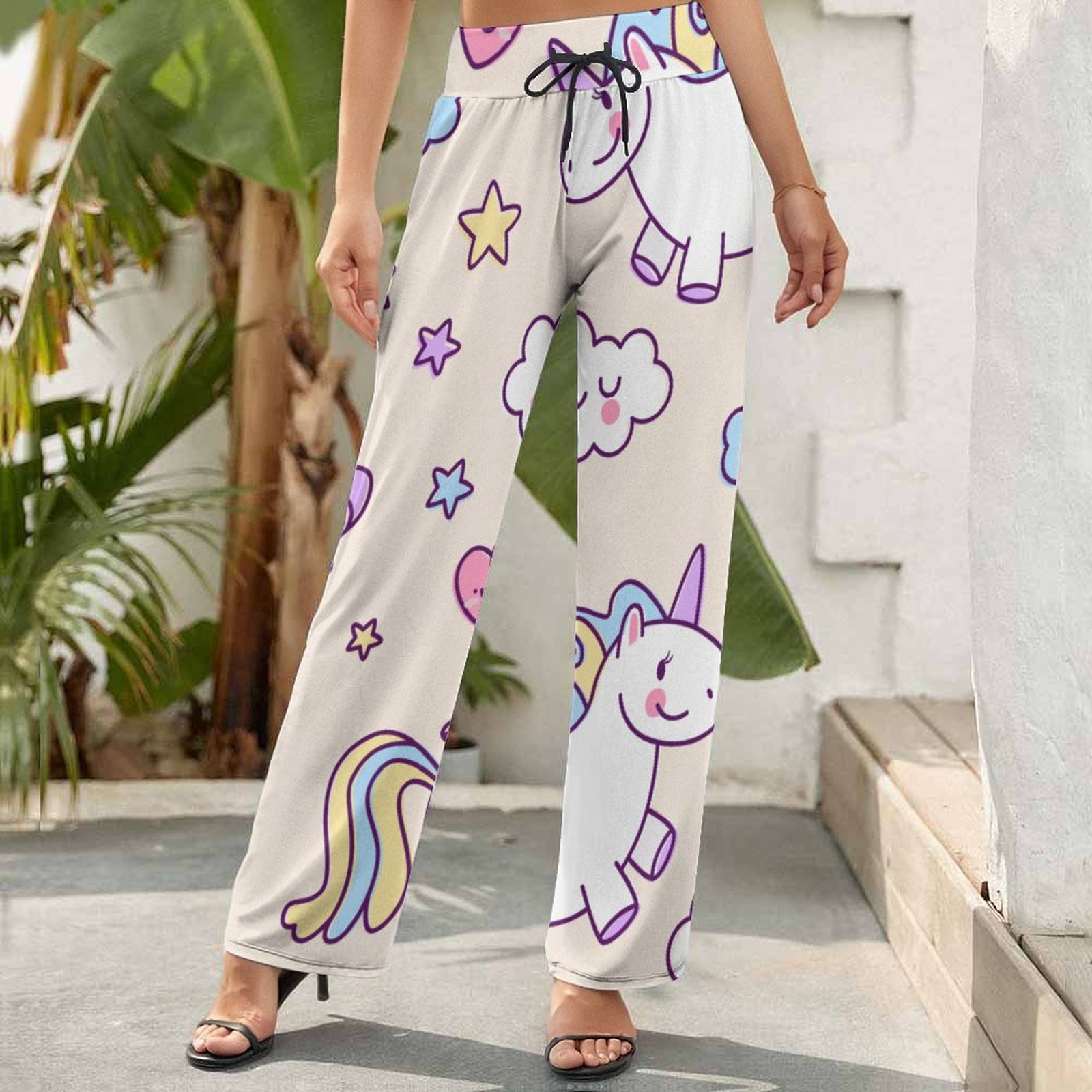 Kawaii Chubby Flying Unicorns Rainbow Printed Women's High Waist Wide Leg Long Palazzo Lounge Pants-Charlylifestyle