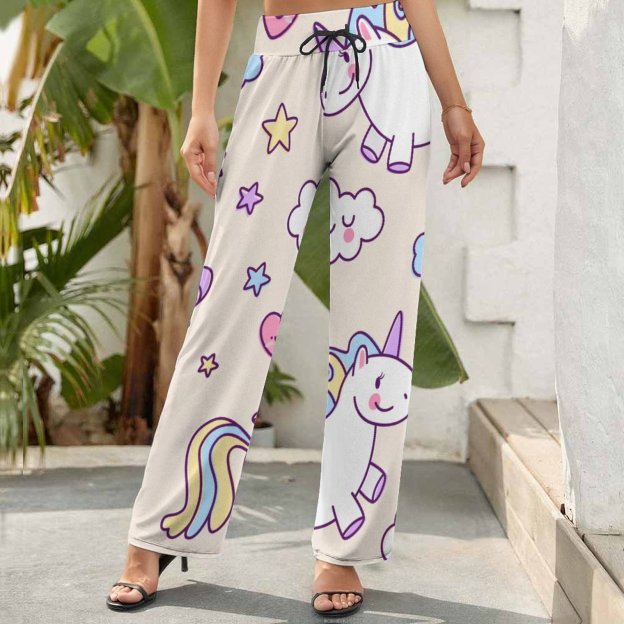Kawaii Chubby Flying Unicorns Rainbow Printed Women's High Waist Wide Leg Long Palazzo Lounge Pants-Charlylifestyle