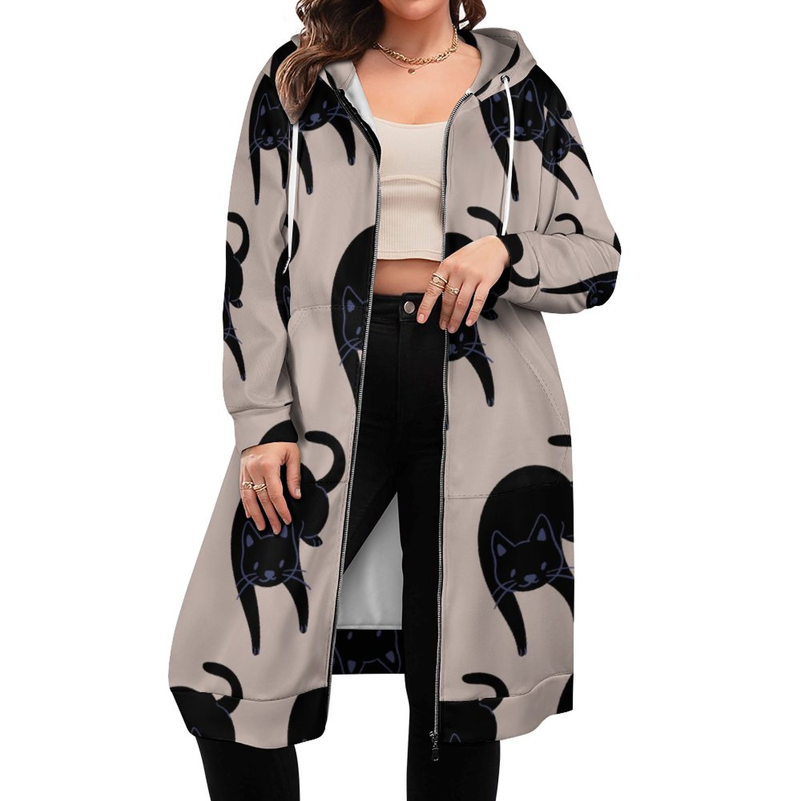 Kitty Voices Black Cat Zip Up Long Hoodie Jacket Coat Women Tunic Sweatshirt Loose Plus Size Open Front Cardigan Outfits