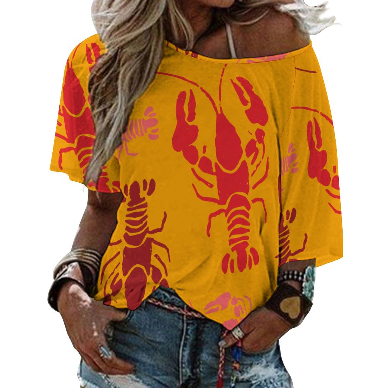 Lobster Bake Or Crawfish Boil Retro 3/4 Bell Sleeve T-Shirt Elbow Length Basic Tunics Tops for Women-Charlylifestyle