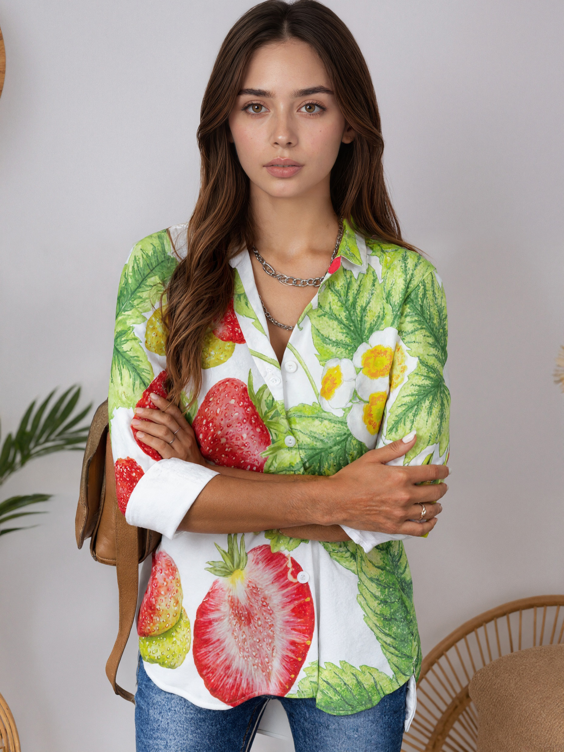 Juicy Red Strawberries Button Down V Neck Shirts Long Sleeve Turn Down Blouse Roll Up Cuffed Sleeve Casual Shirt Tops