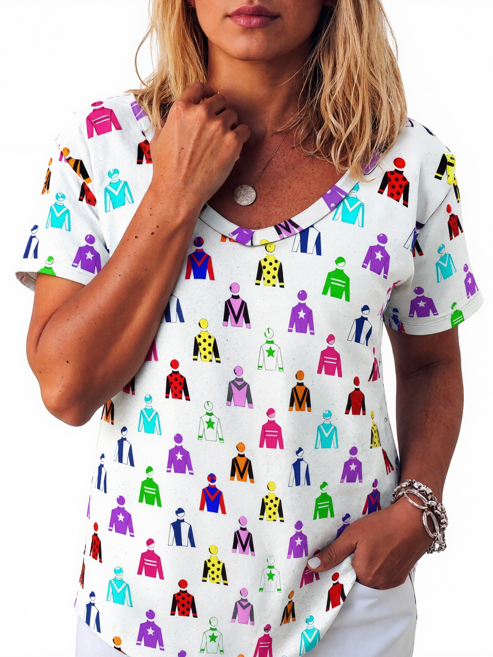 Jockey Silks Horse Rider Womens Summer Casual T Shirts Boho Full Print Short Sleeve Loose Hippie Tunic Tops