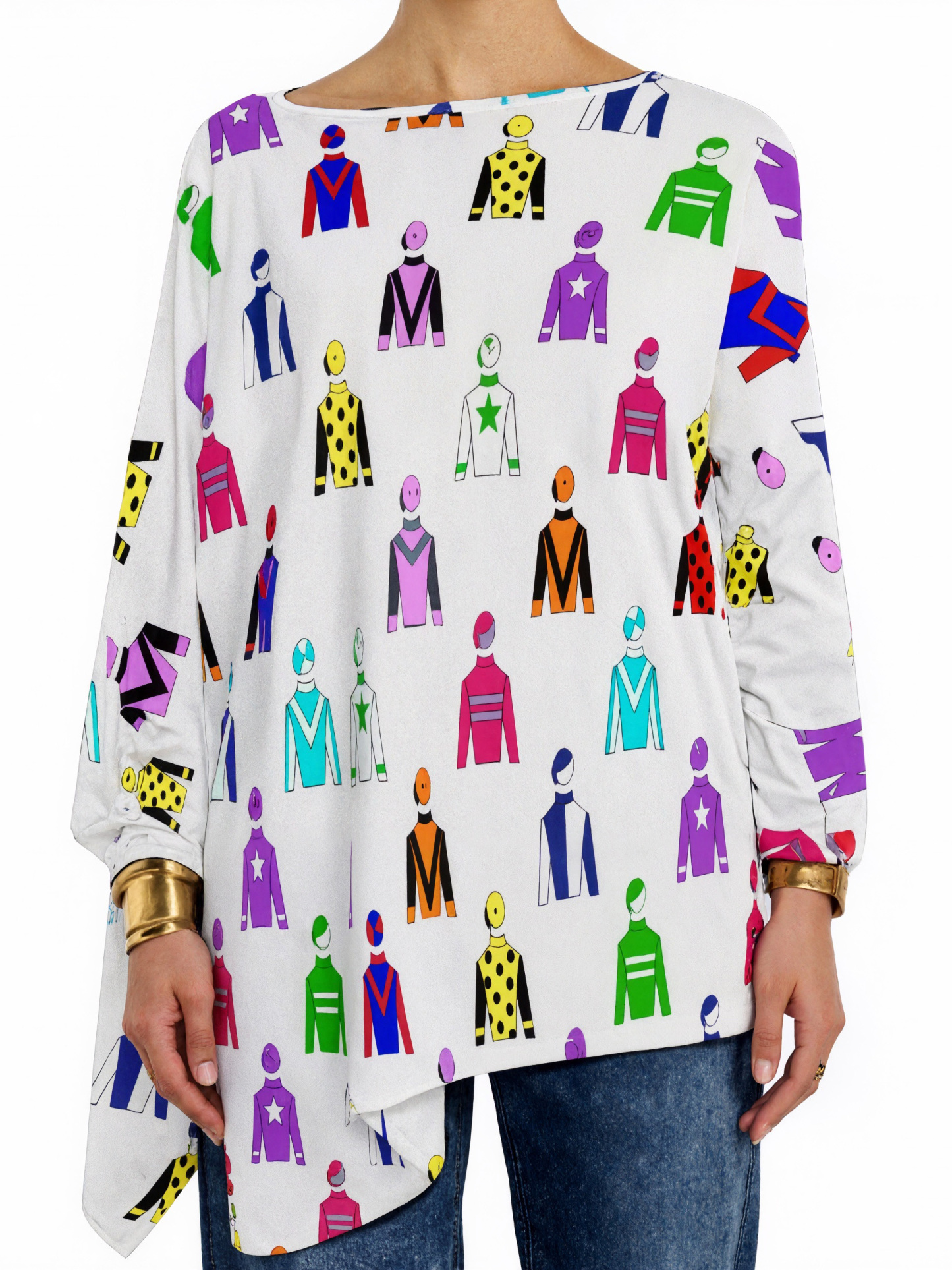 Jockey Silks Horse Rider Plus Size Hanky Hem Tops Long Sleeve Women Tunic High Low Asymmetrical Shirt