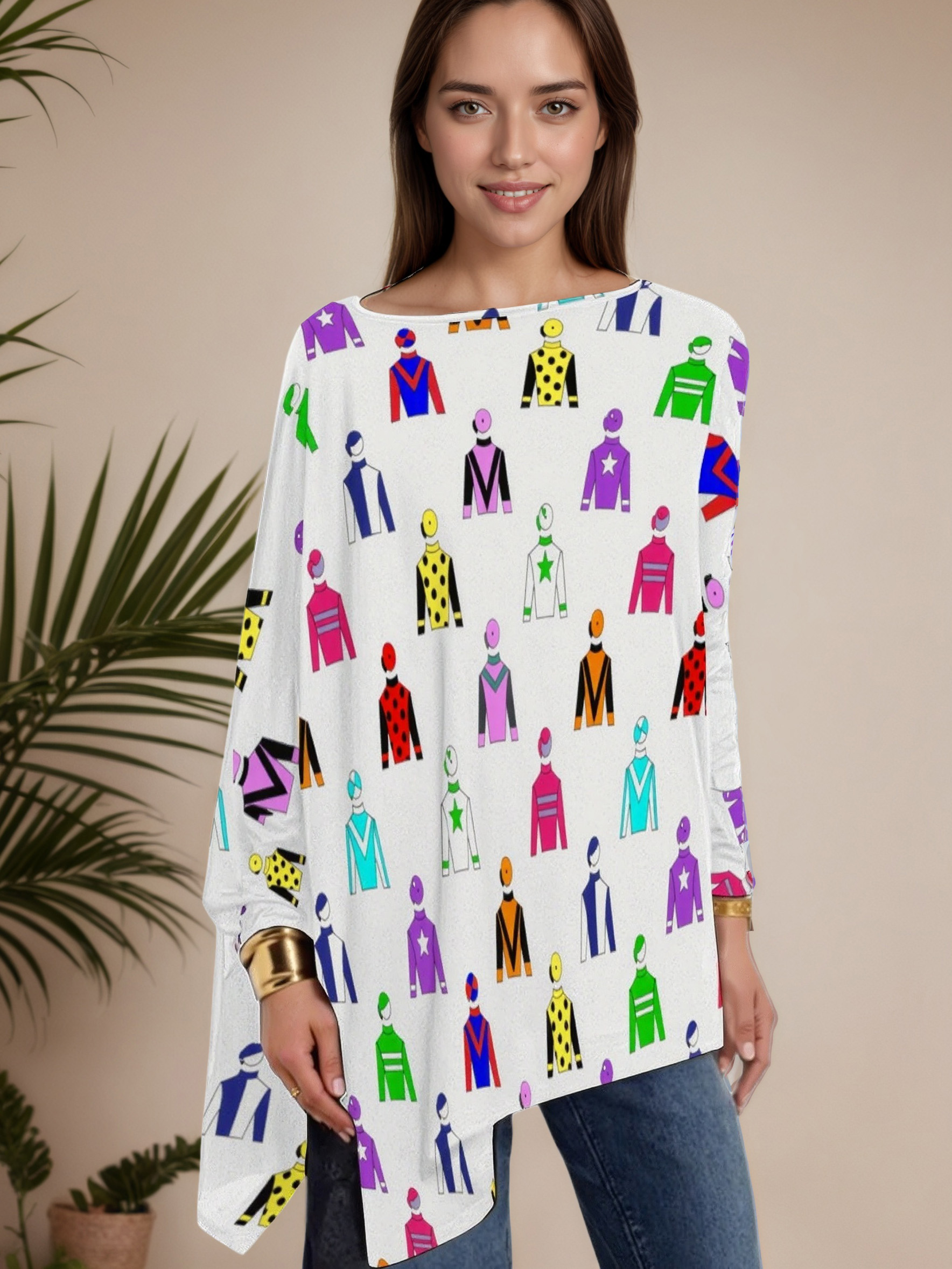 Jockey Silks Horse Rider Plus Size Hanky Hem Tops Long Sleeve Women Tunic High Low Asymmetrical Shirt