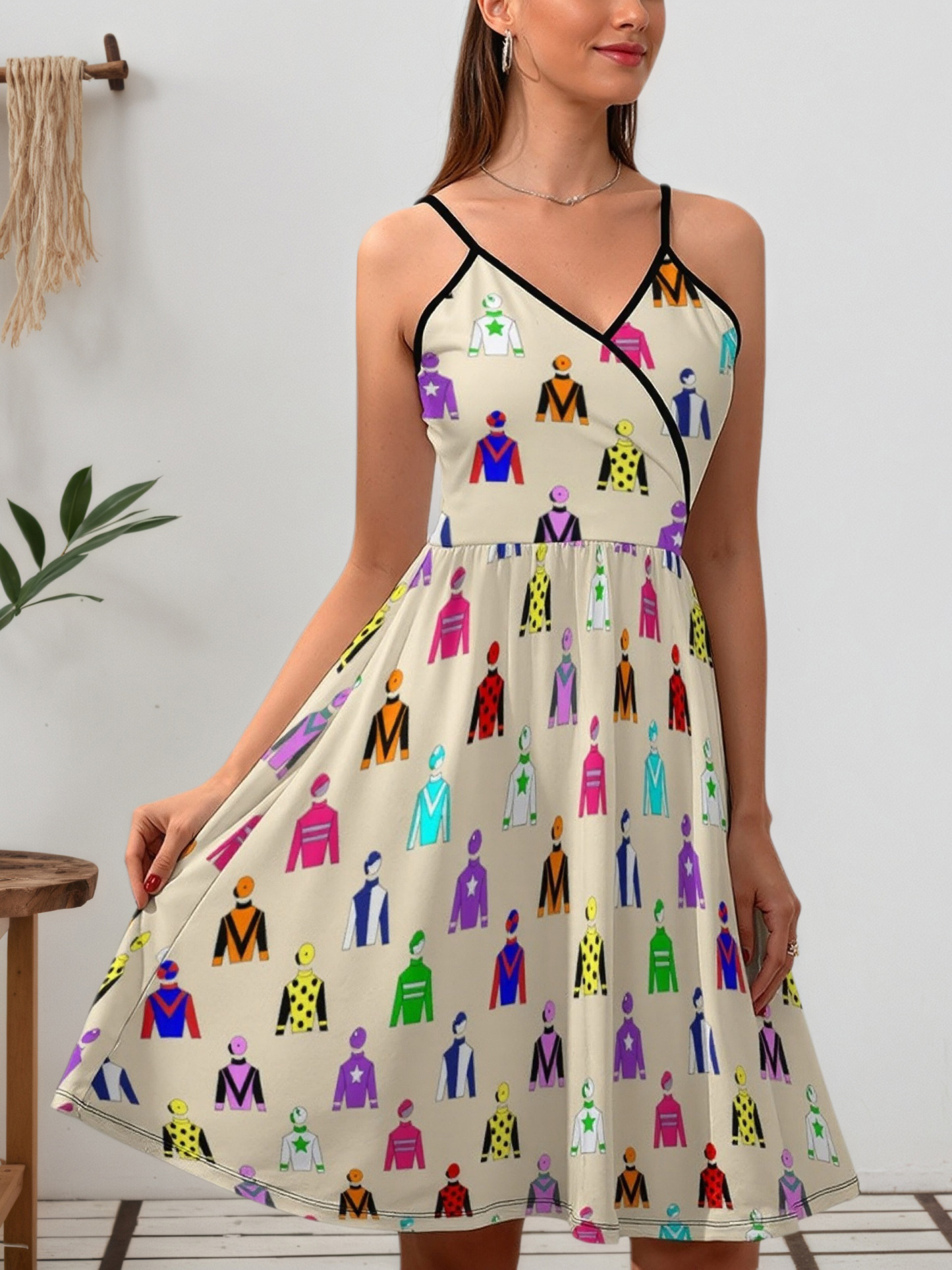 Jockey Silks Horse Rider Pattern Women V Neck Spaghetti Strap Flared Skater Dress Casual Sleeveless Boho Mini Sundress