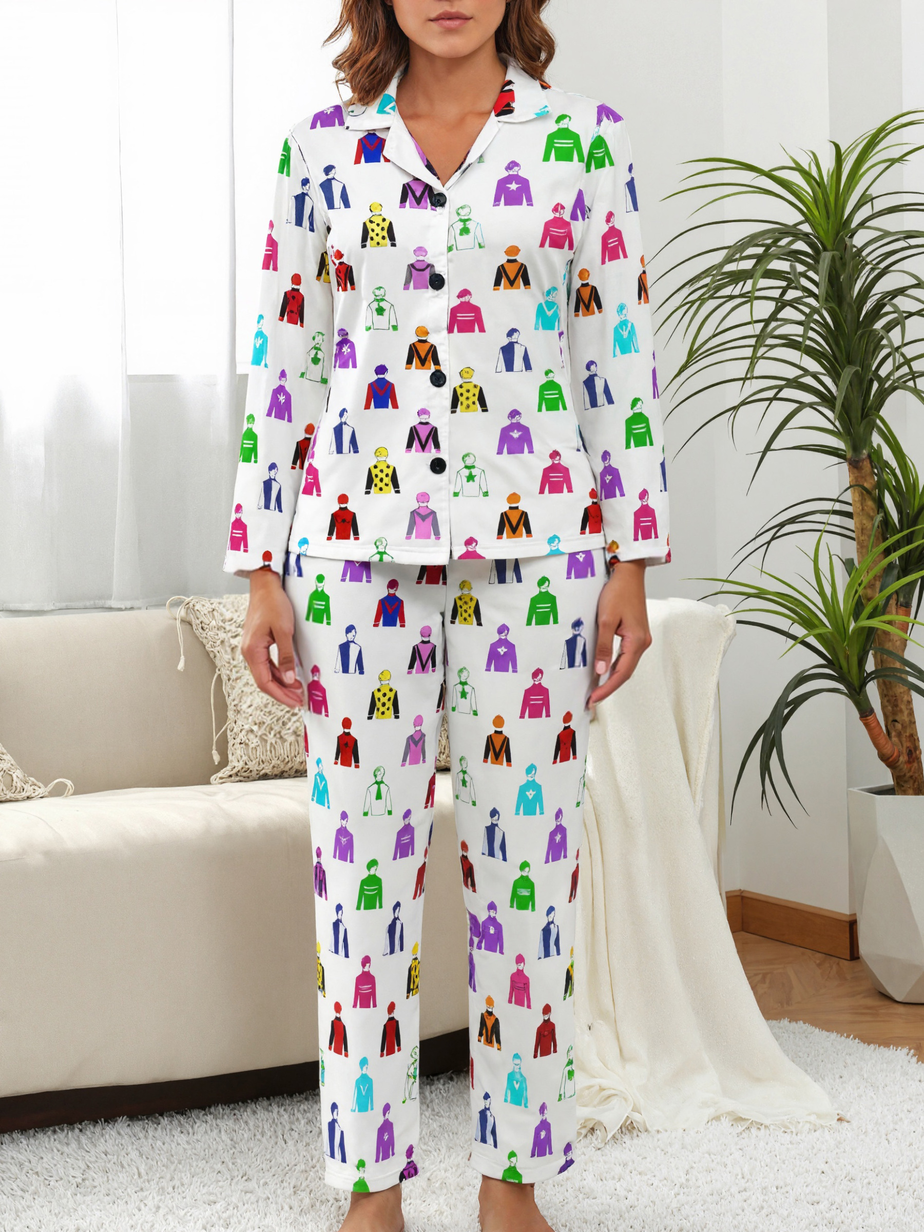 Jockey Silks Horse Rider Women Long Sleeve Two Piece Sleepwear Soft Button Down Loungewear Pjs Set Nightwear