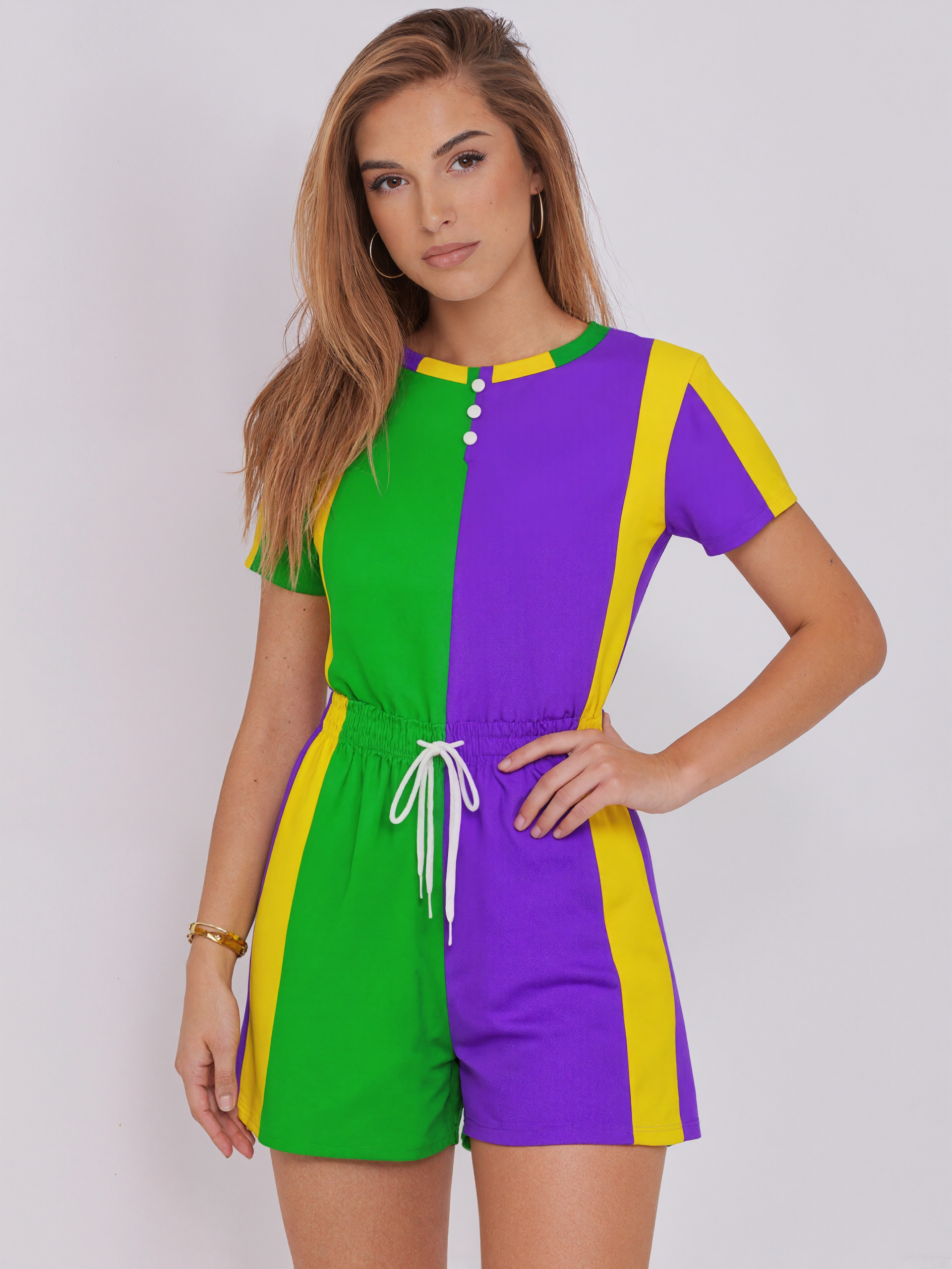 Mardi Gras Colors New Orleans Striped Women Short Sleeve Tops and Shorts Pajama Two Piece Sleepwear Pj Sets with Pocket
