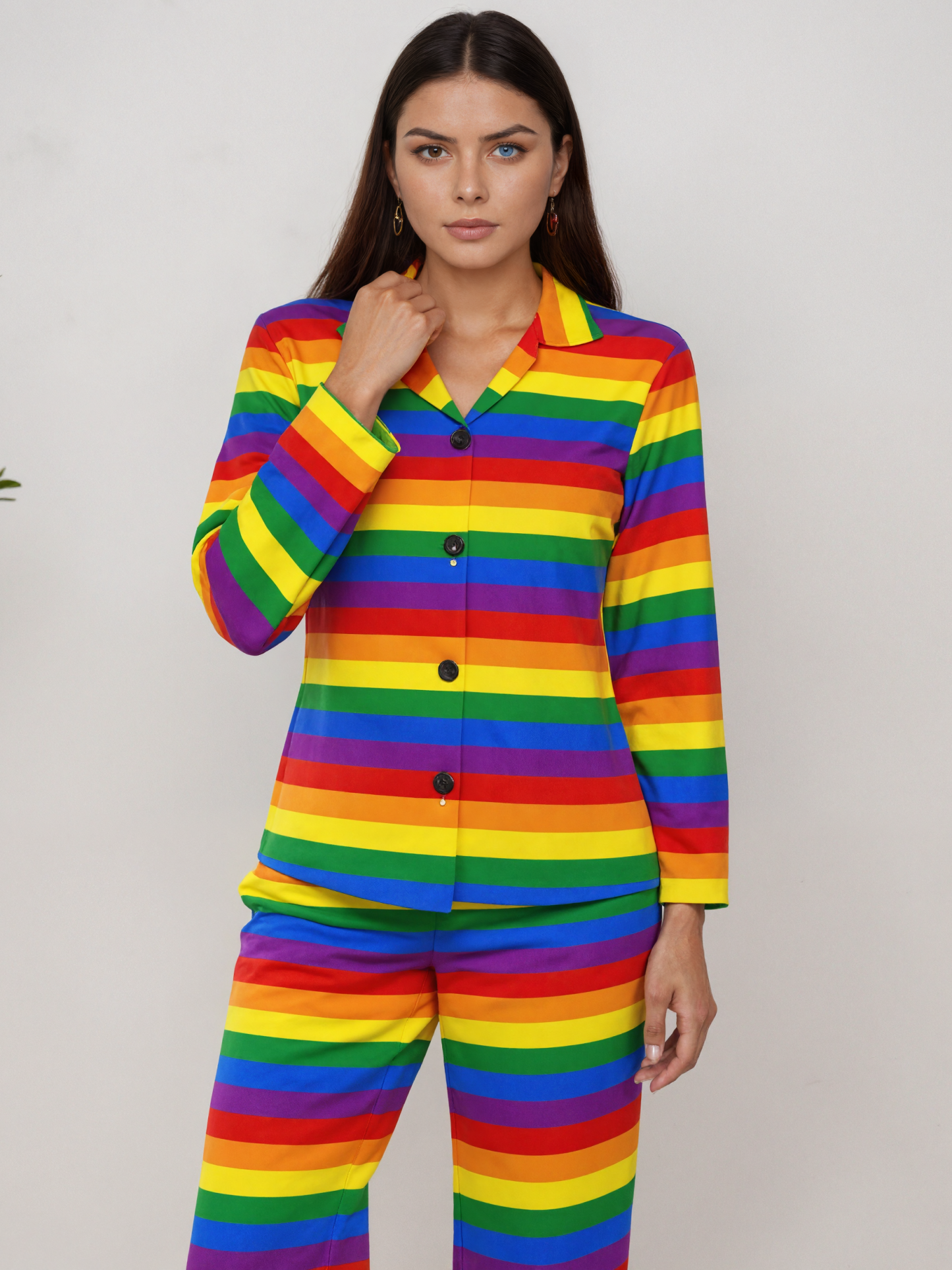 Lgbt Gay Pride Rainbow Flag Colors Stripes Women Long Sleeve Two Piece Sleepwear Loose Button Front Loungewear Pjs Set Nightwear