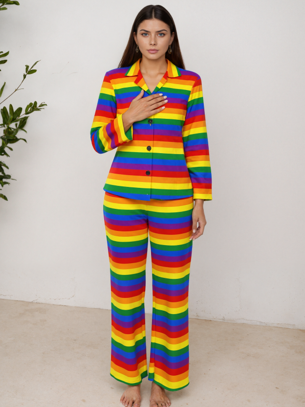 Lgbt Gay Pride Rainbow Flag Colors Stripes Women Long Sleeve Two Piece Sleepwear Loose Button Front Loungewear Pjs Set Nightwear