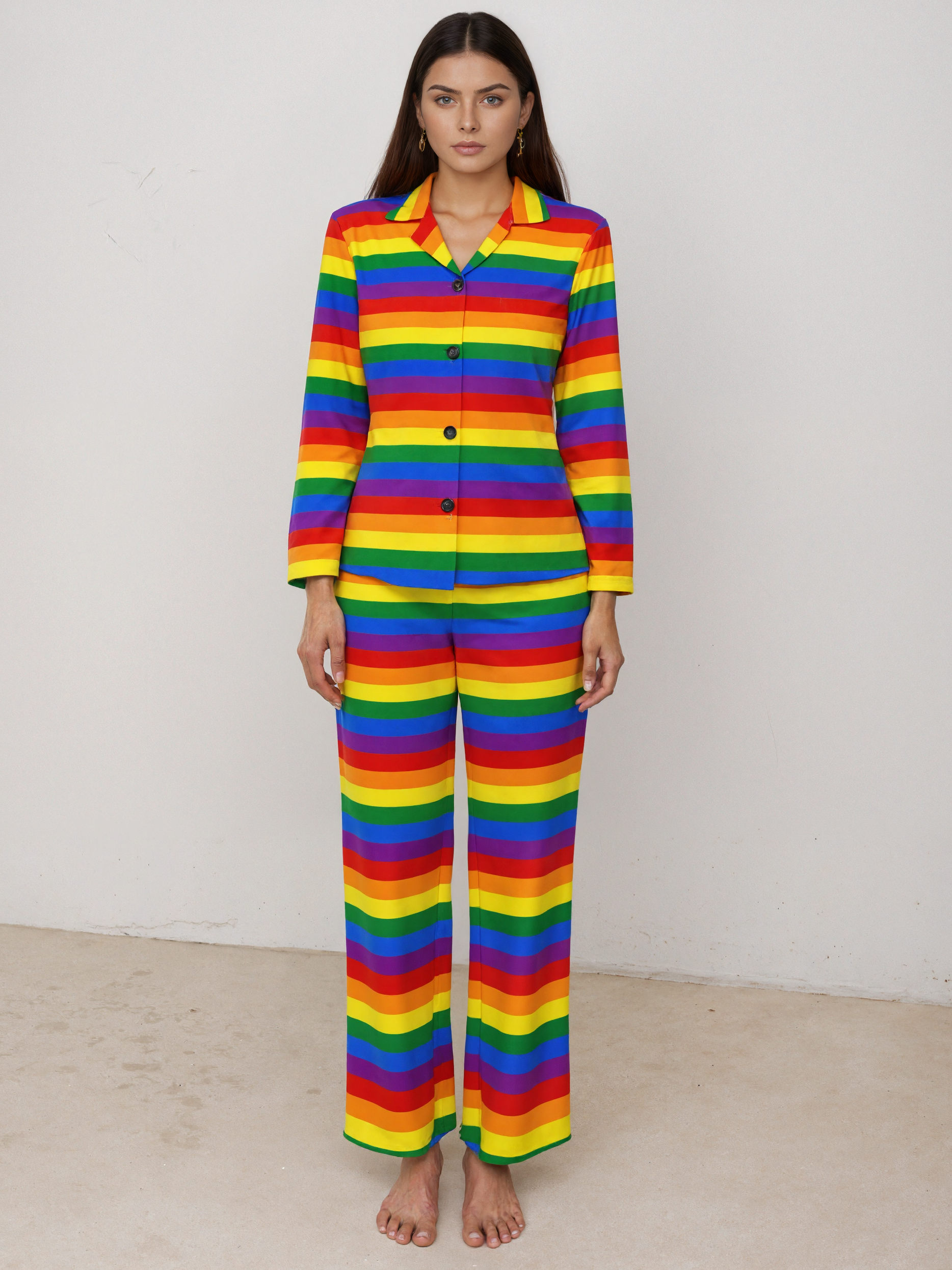 Lgbt Gay Pride Rainbow Flag Colors Stripes Women Long Sleeve Two Piece Sleepwear Loose Button Front Loungewear Pjs Set Nightwear