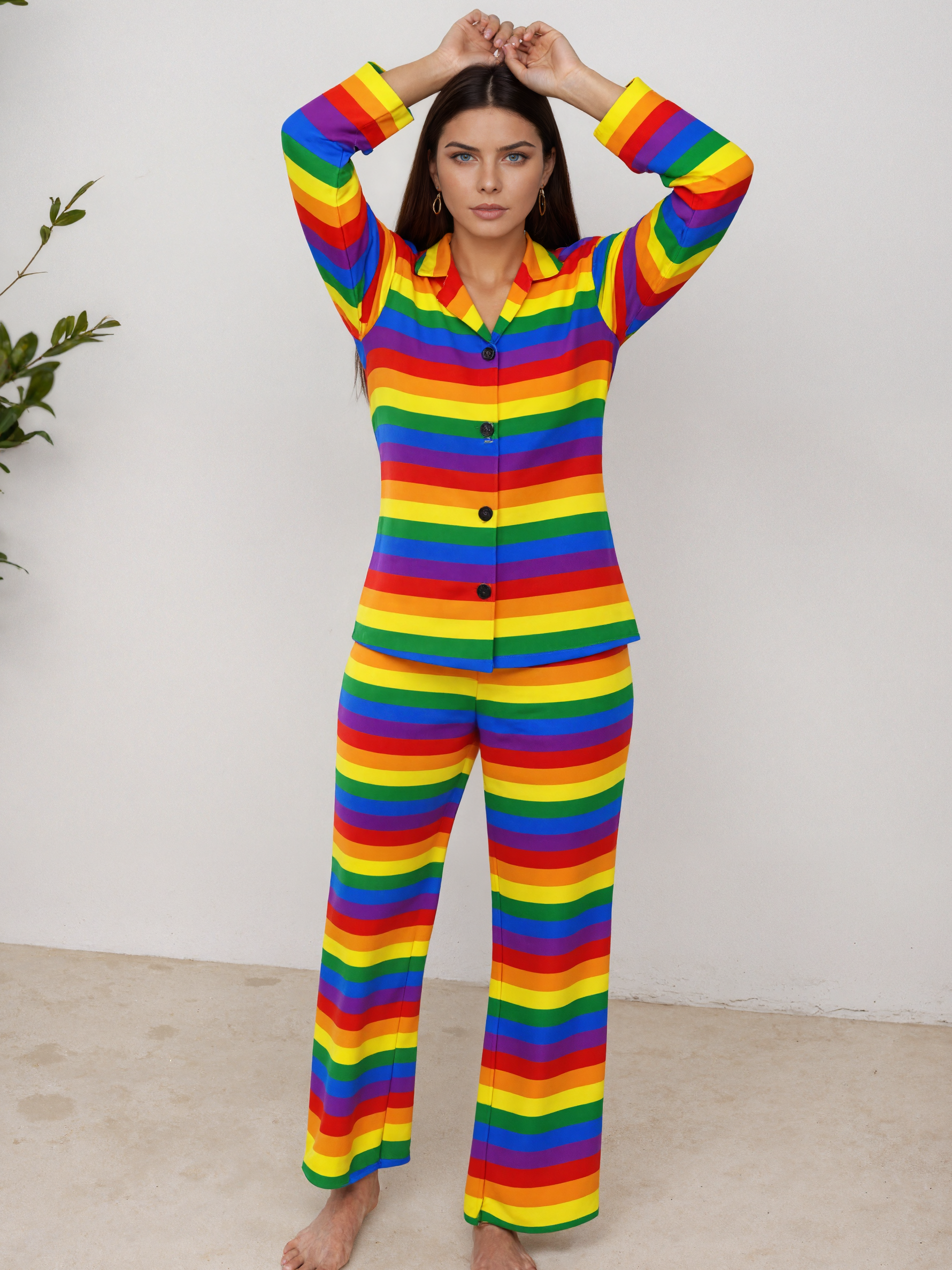 Lgbt Gay Pride Rainbow Flag Colors Stripes Women Long Sleeve Two Piece Sleepwear Loose Button Front Loungewear Pjs Set Nightwear