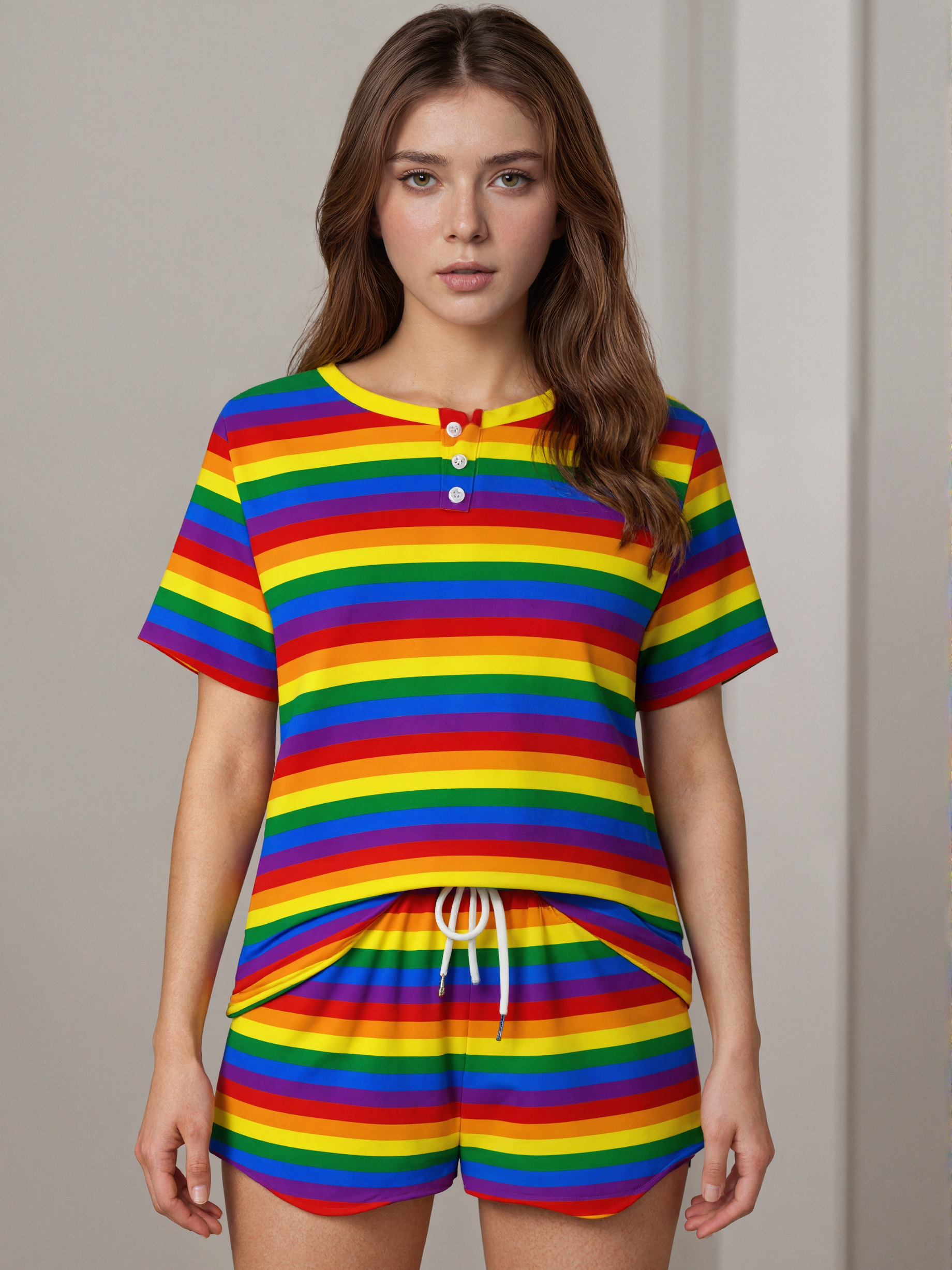 Lgbt Gay Pride Rainbow Flag Colors Stripes Women Short Sleeve Tops and Shorts Pajama Two Piece Sleepwear Plus Size Pj Sets