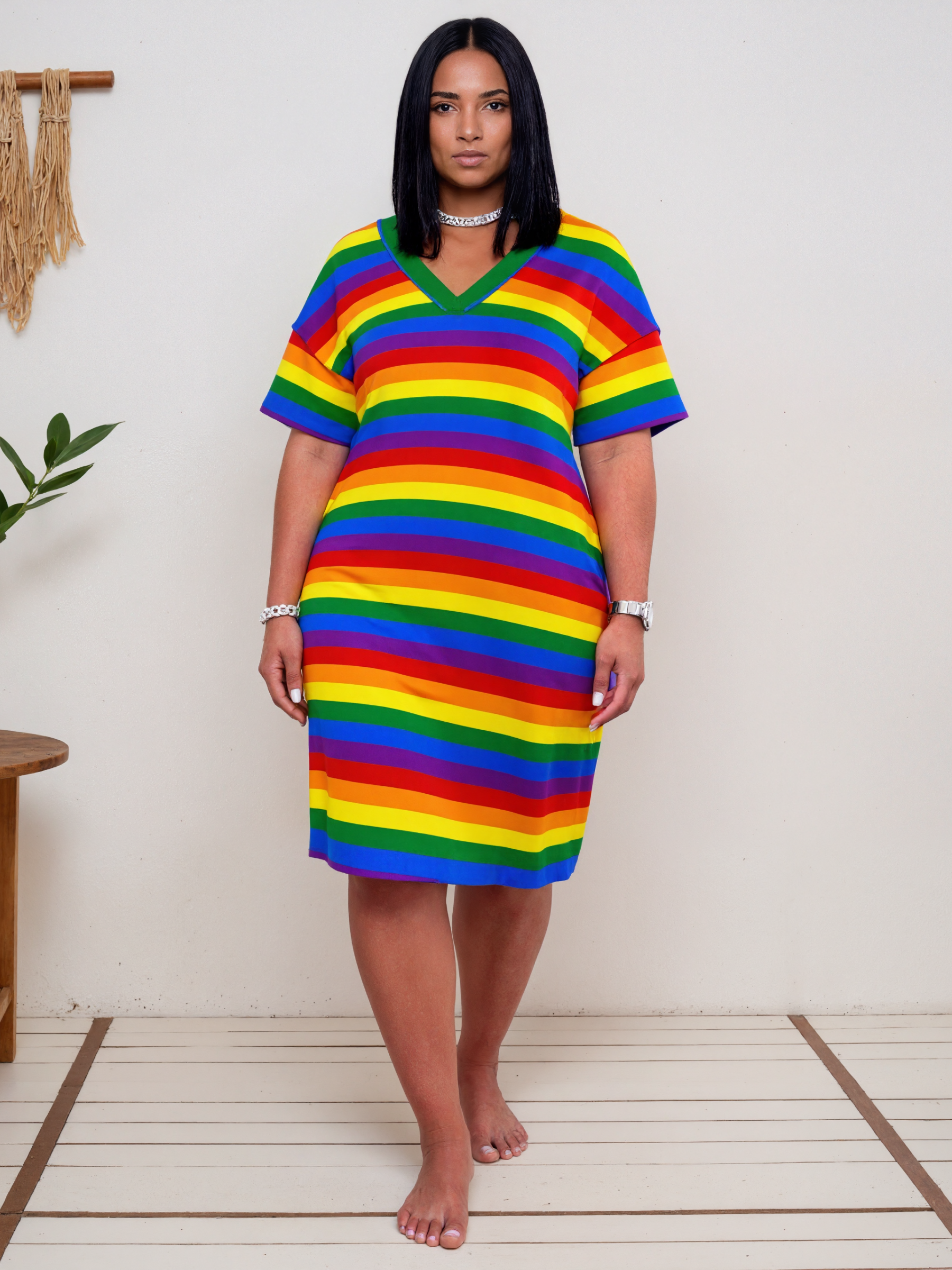 Lgbt Gay Pride Rainbow Flag Colors Stripes Beach Boho Knee Length Tunic Dress Women Plus Size V Neck Midi Dress With Pockets