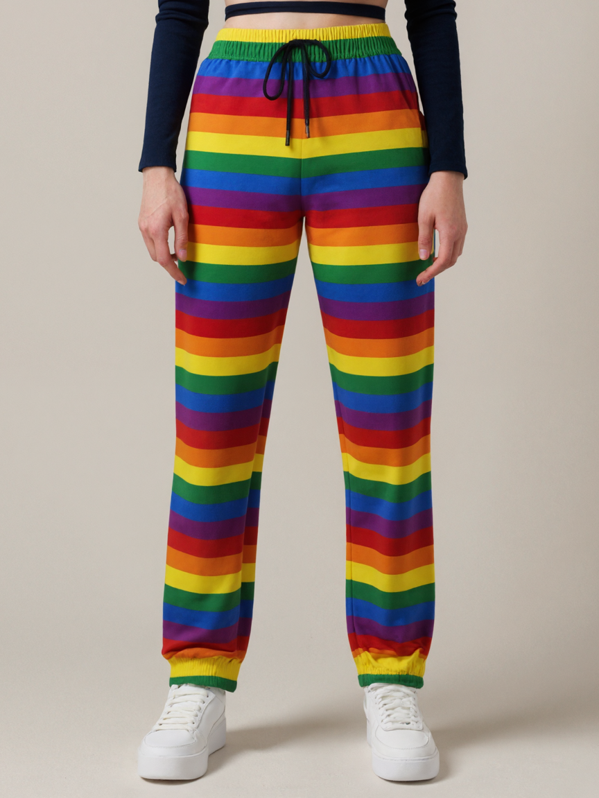 Lgbt Gay Pride Rainbow Flag Colors Stripes Women Drawstring Waist Sweatpants Casual Pockets tapered Joggers Pant