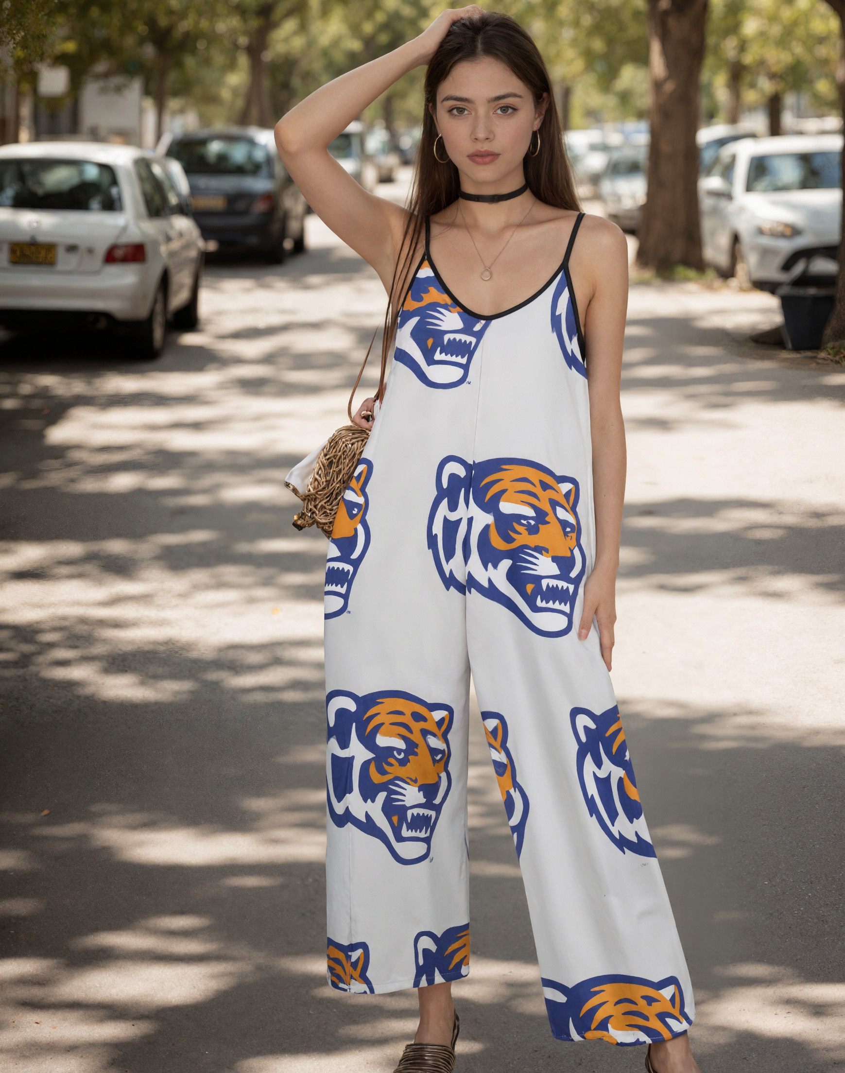 Summer Bohemia Funny Vintage Memphis Tigers Cami Wide Leg Jumpsuits Women Casual Shoulder Strap Adjustable Rompers Pants