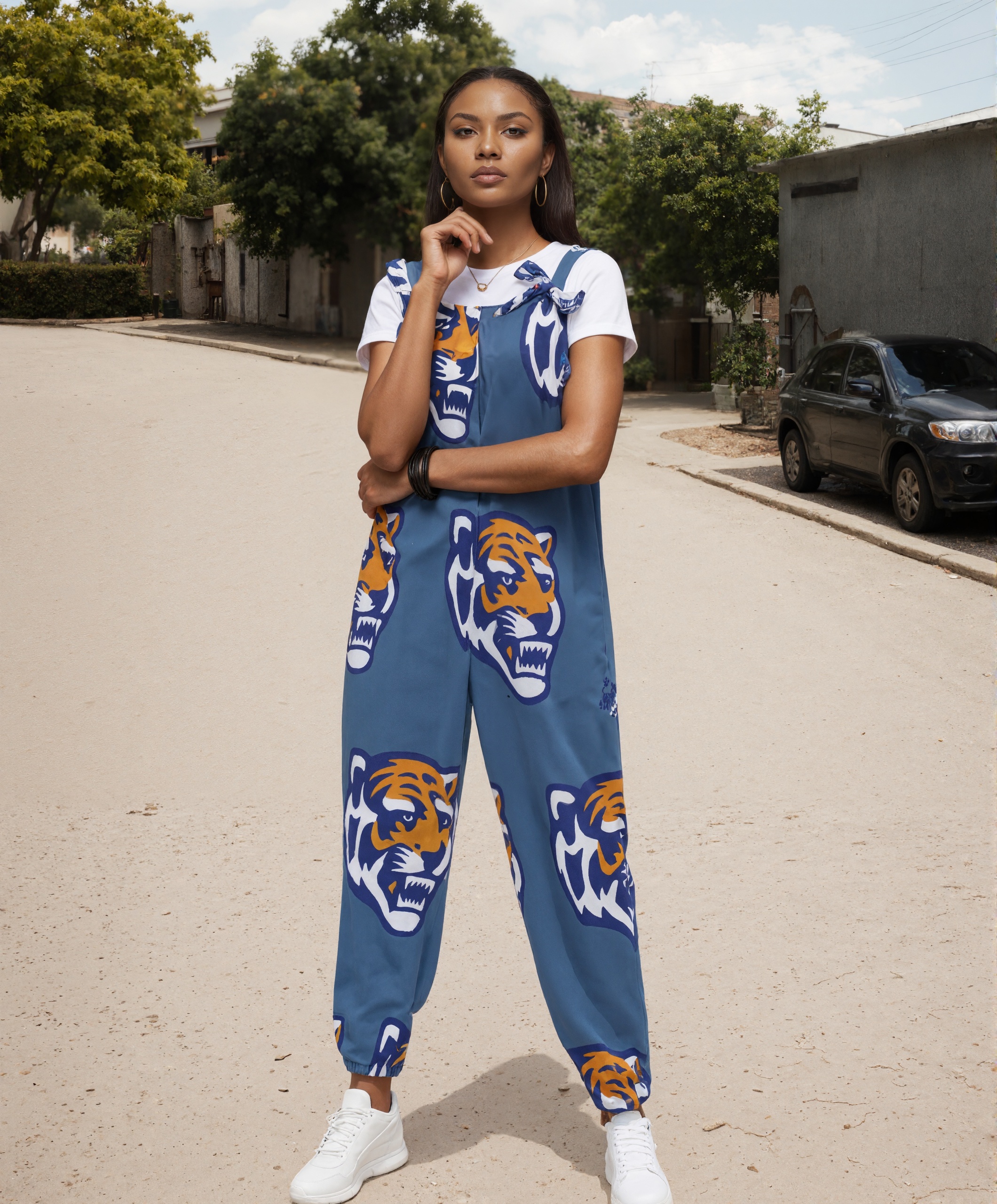 Women Memphis Tigers Print Loose Fit Baggy Harem Overall Jumpsuit Tie Spaghetti Strap Casual Long Pants Rompers