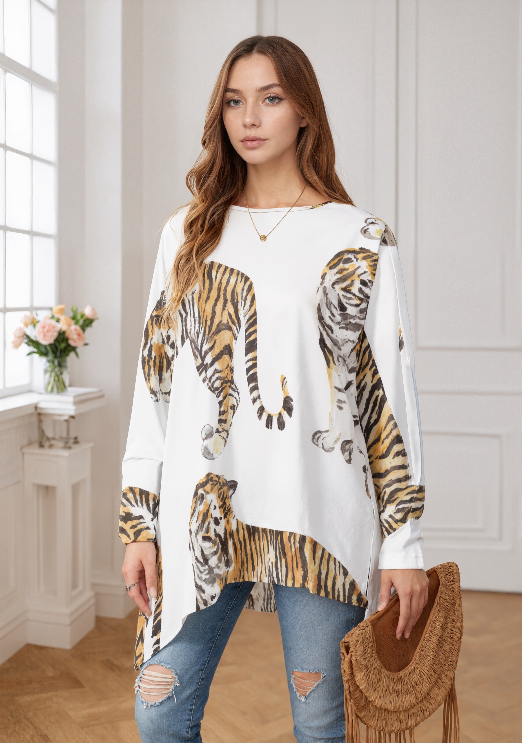Modern Tropical Watercolor Tigers Wild Plus Size Hanky Hem Tops for Women Tunic High Low Asymmetrical Shirt