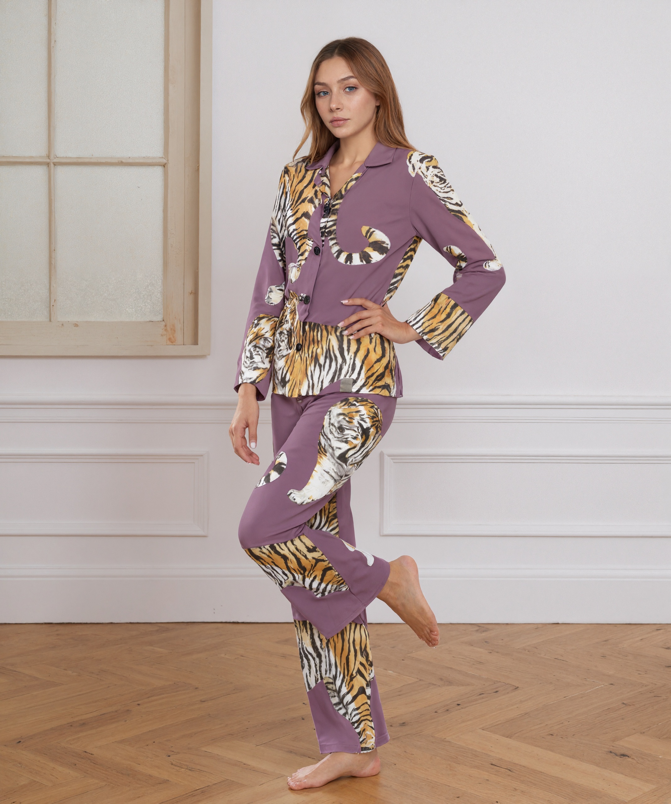 Modern Tropical Watercolor Tigers Wild Women Long Sleeve Two Piece Sleepwear Soft Button Down Loungewear Pjs Set Nightwear