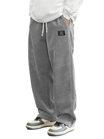 Black Friday Early Deal - Men's Daily Casual Pit Strip Corduroy Fabric Embroidery Logo Tether Loose Elastic Waist Pocket Pants