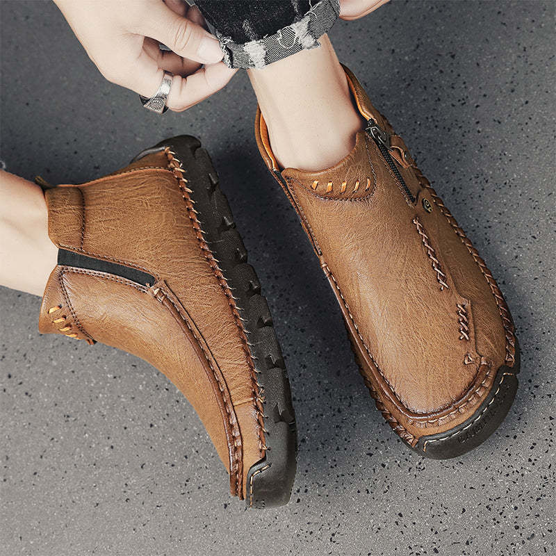 (⏰Last Day 70% OFF🔥)Men's Top-Quality Motorcycle Boots Hand-Stitched Genuine Leather Boots-Wide Toe, Waterproof， Anti-Slip， Anti-Sprain，Suitable for Work, Driving, Hiking