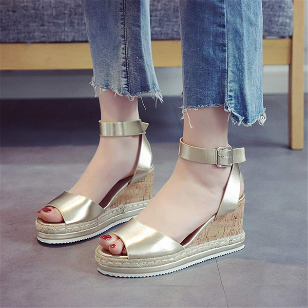 Womens High Heels Buckle Ankle Strap Flatform Wedge Leather Sandals